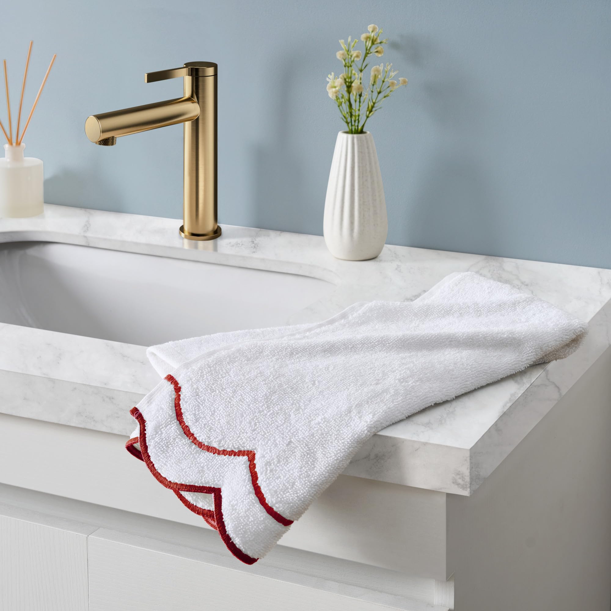 Peri Home 100% Cotton Hand Towel for Bathroom, Embroidered, Soft & Absorbent, 500 GSM, 1 Piece, 16" x 27", White with Red Scallop