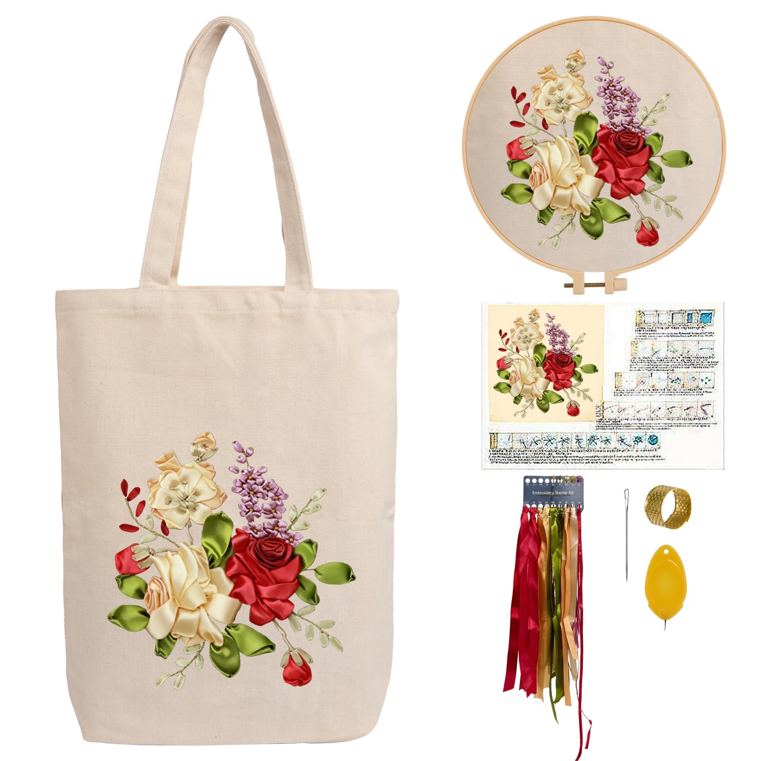 CREAWONDER Hand Embroidery Kits for Bag, Embroidery Kit Bag with Pattern for Beginners, Arts and DIY Embroidery Crafts Kits for Adults, Include Instructions, Embroidery Hoops, Color Threads and Tool