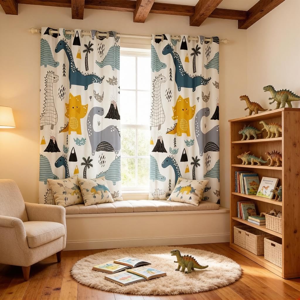 Loussiesd Dinosaur Curtains Window Kids Boys Eyelet Windows Drapes Novelty Ring Top Window 3D Print Curtain for Bedroom Living Room Room Decoration W66*L72