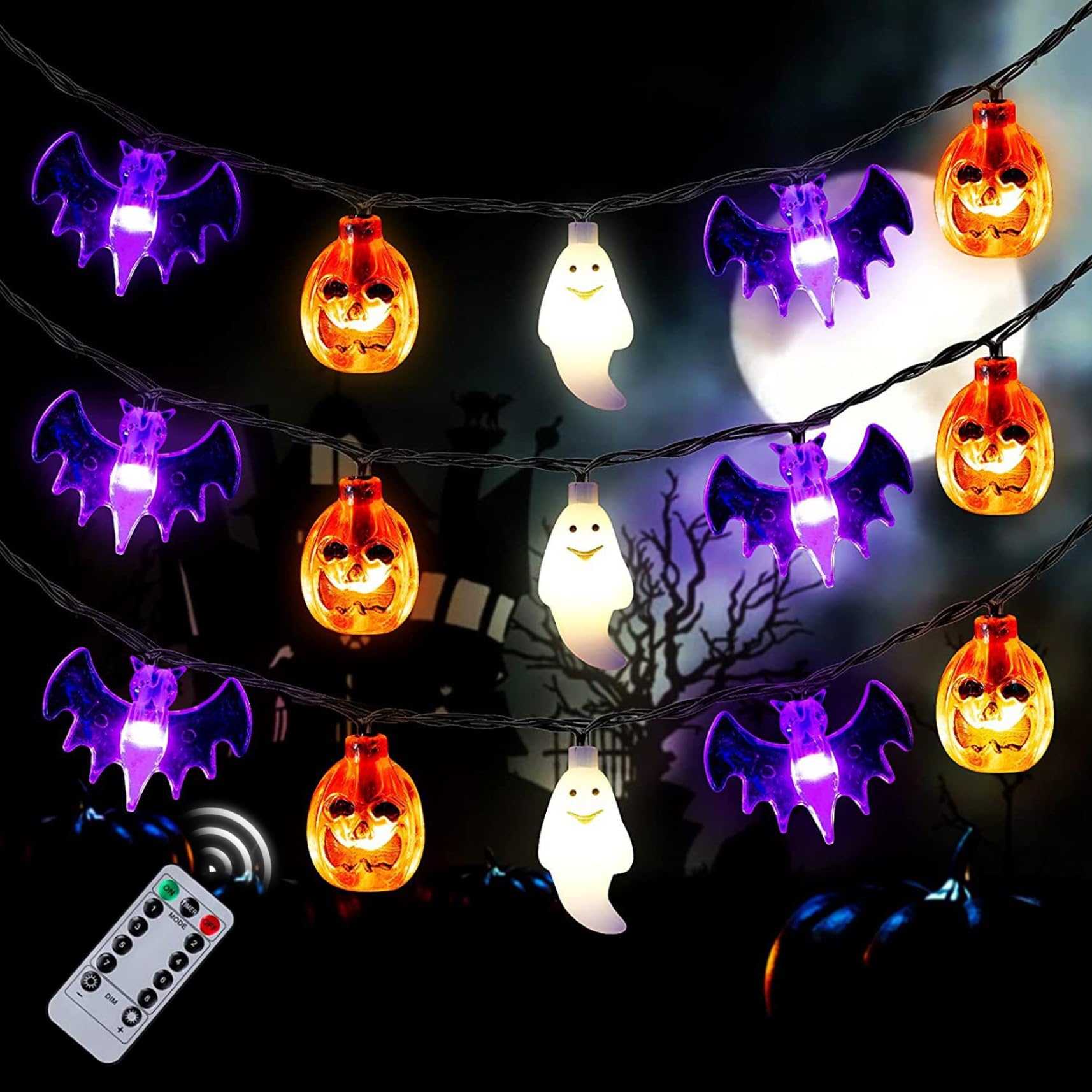 Guirlande Halloween étanche 30 LED avec minuterie 8 modes pour décoration Halloween 6m