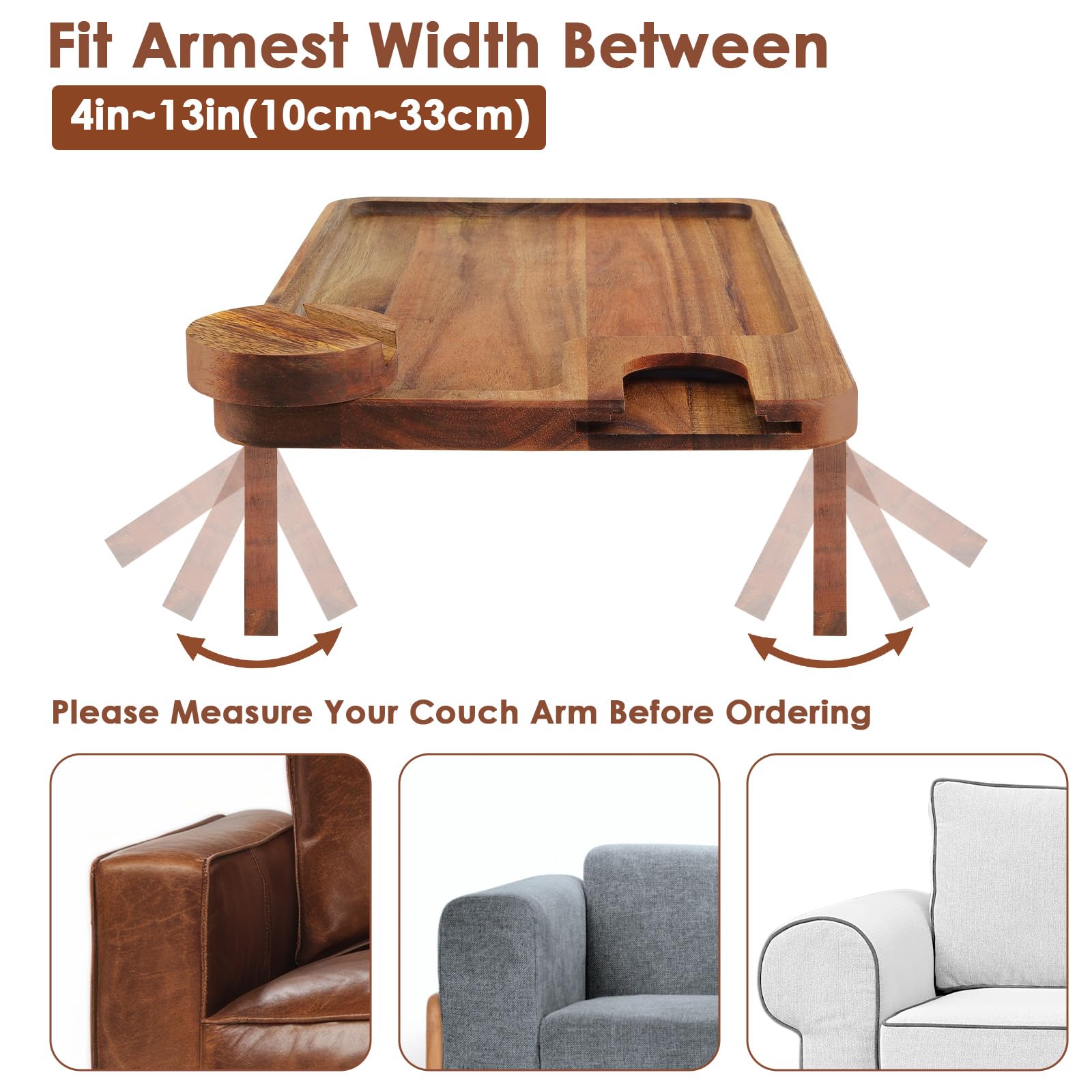 Comfoyar Bandeja Brazo Sofá, Madera Mesa Reposabrazos Sofá de Clip con Soporte Copas Vino, Mesa Plegable Sofa con Soporte Teléfono Giratorio 360°, Bandeja Sofa para Aperitivo Bebida Mando a Distancia