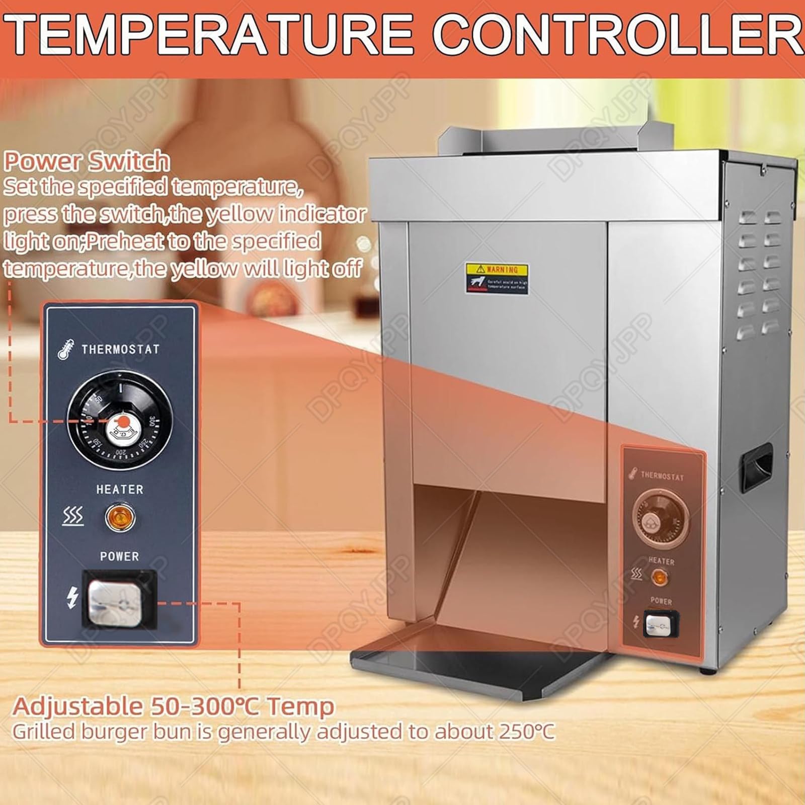 Komercyjny pionowy opiekacz do hamburgerów, automatyczny opiekacz do bułek, z regulowaną temperaturą 50-300°C, do fast foodów/restauracji/piekarni, 2000 W