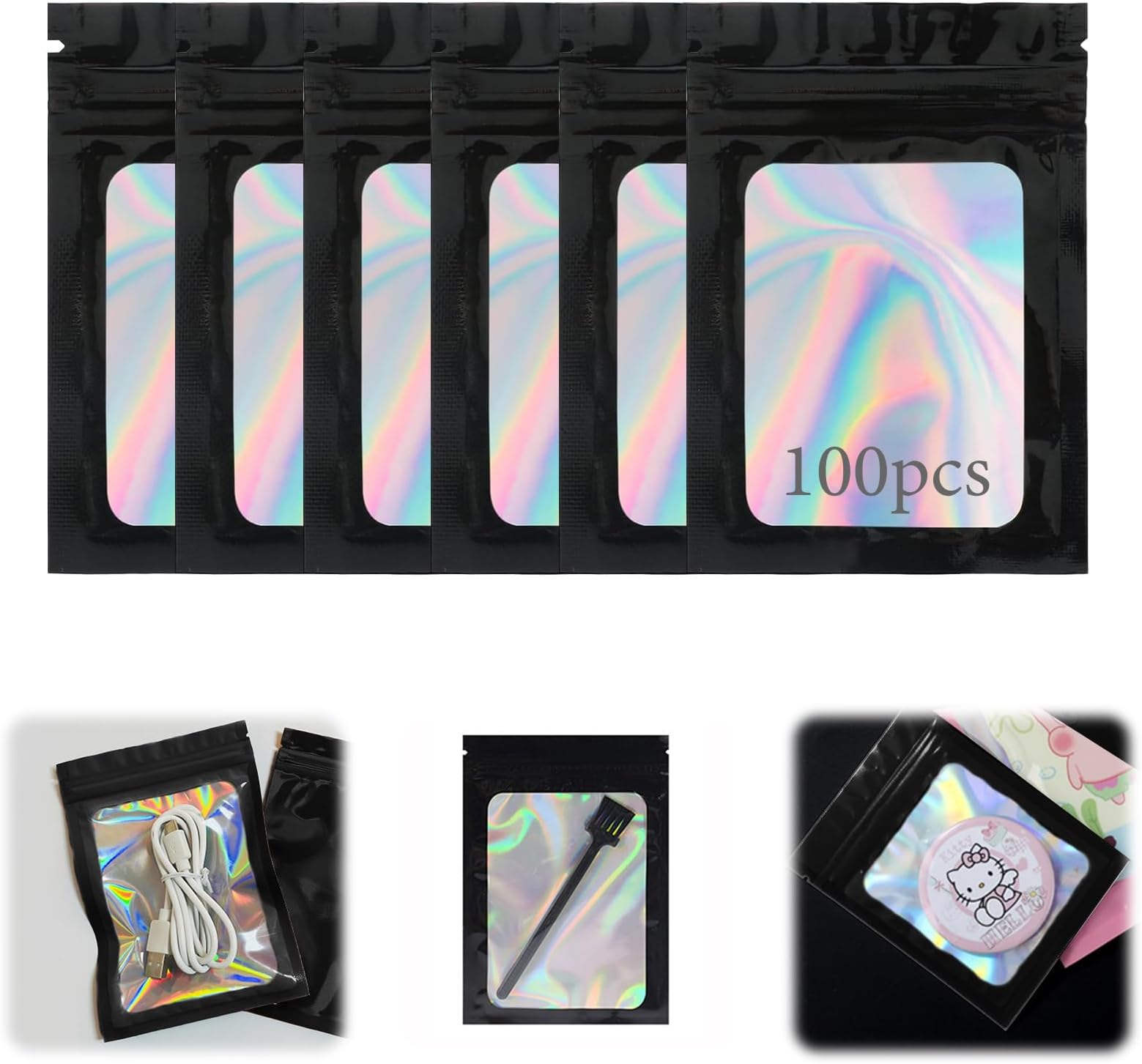 Mmgoqqt 100 Pcs Mylar Bags, Smell Proof Holographic Packaging Bags, Black Foil Ziplock Bags with Front Clear Window, Party Gift Packaging Bags, for Food Self Sealing Storage Supplies, 7 * 10 cm