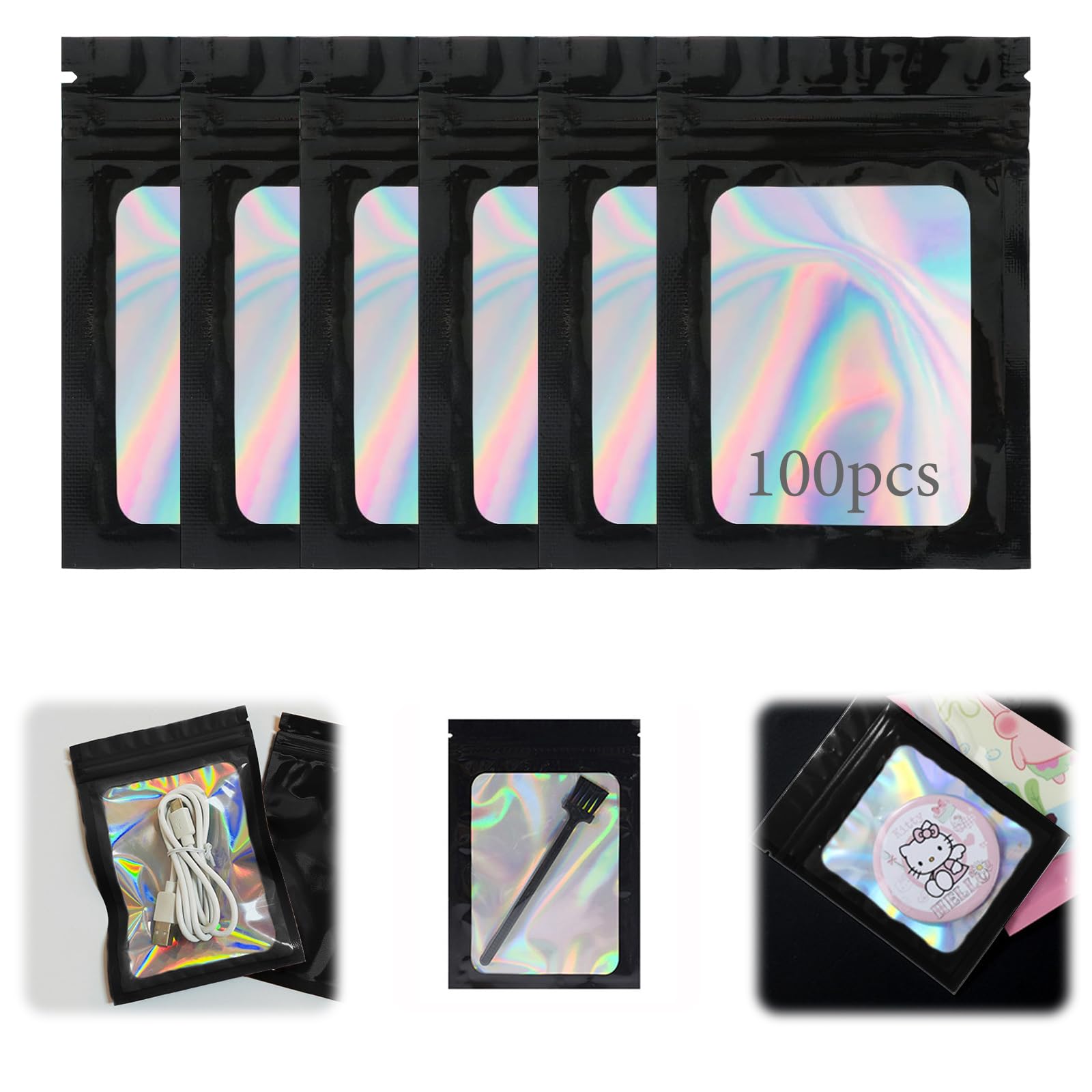 Mmgoqqt 100 Pcs Mylar Bags, Smell Proof Holographic Packaging Bags, Black Foil Ziplock Bags with Front Clear Window, Party Gift Packaging Bags, for Food Self Sealing Storage Supplies, 7 * 10 cm