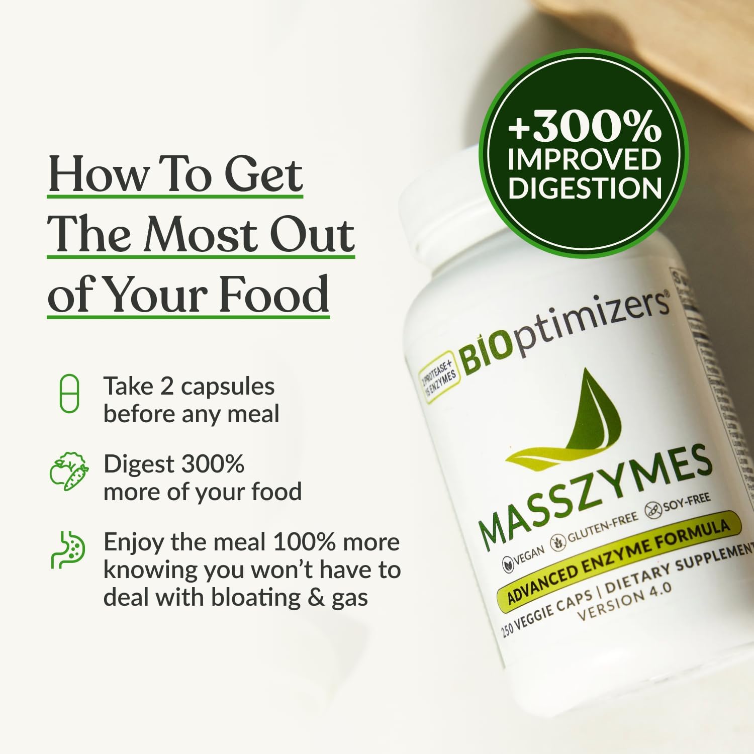 BIOptimizers MassZymes - Complete Digestive Enzymes Supplement for Gut Health - Bloating Relief for Men and Women - Lipase Amylase Bromelain Digestive Enzymes (120 Capsules)