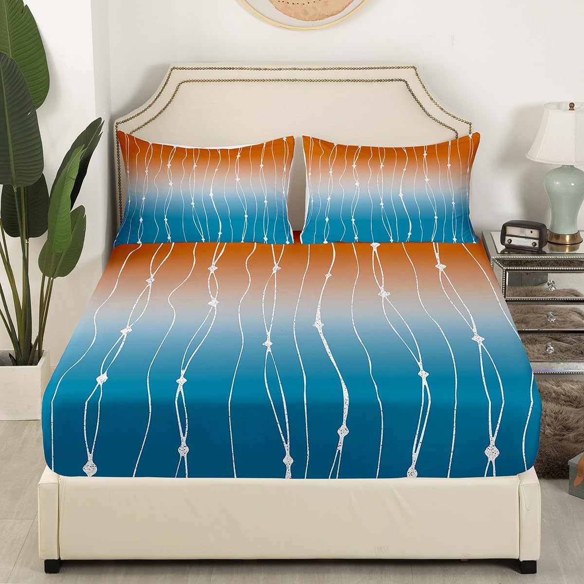 Erosebridal Ombre Grey & Teal Queen Sheet Set - 4 Pc Geometric Dots & Wave Stripe Bedding, Watercolor Gradient