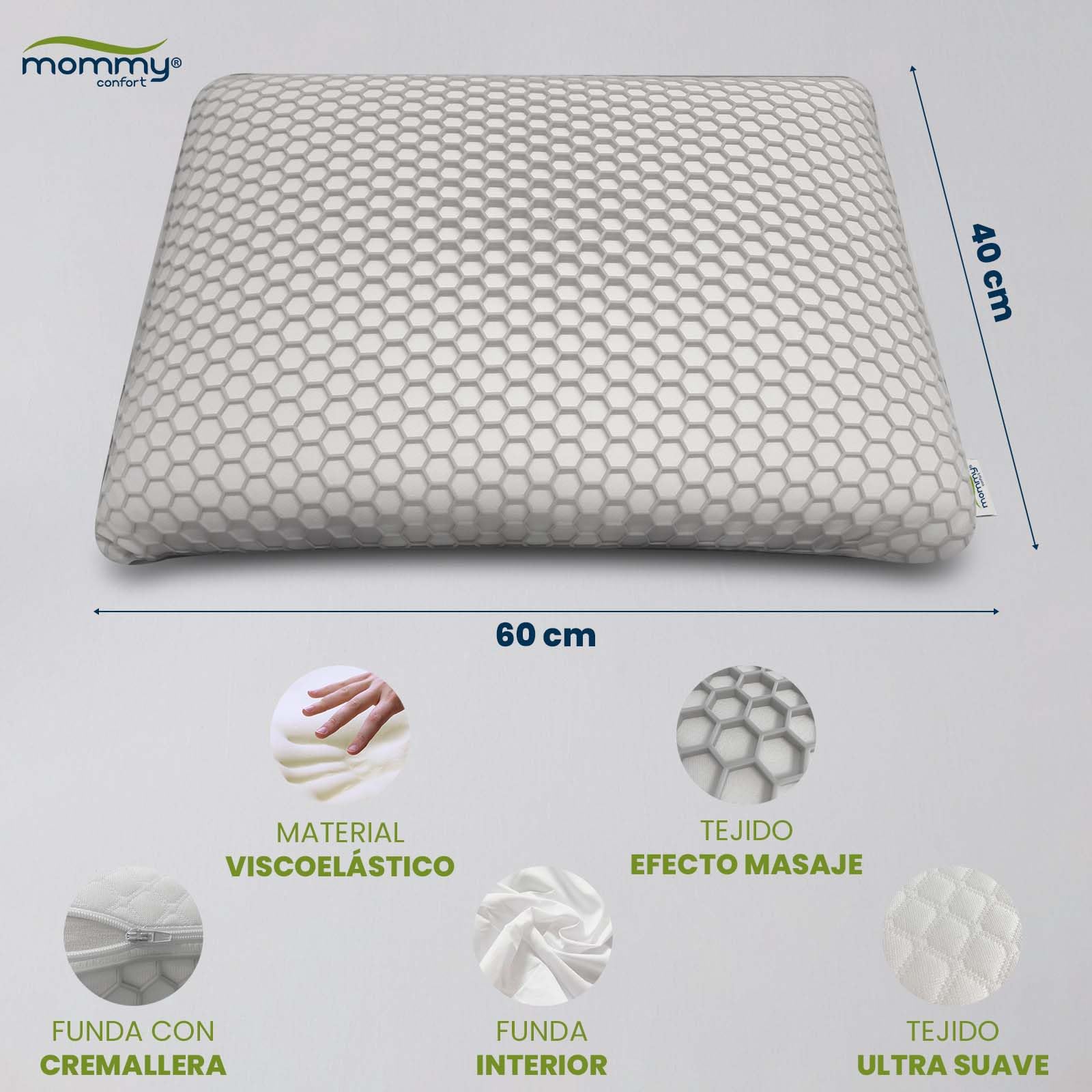 Almohada Viscoelástica Cervical 60x40 cm Funda Panal TPE 4D Efecto Masaje Soporte Ortopédico Lavable Cuello Dolor Cervical Descanso Ergonómico Gris