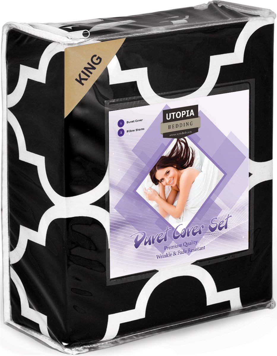 Printed Duvet-Cover-Set - Brushed Velvety Microfiber - Luxurious, Comfortable, Breathable, Soft & Extremely Durable - Wrinkle, Fade & Stain Resistant - Hotel Quality By Utopia Bedding (King, Black)
