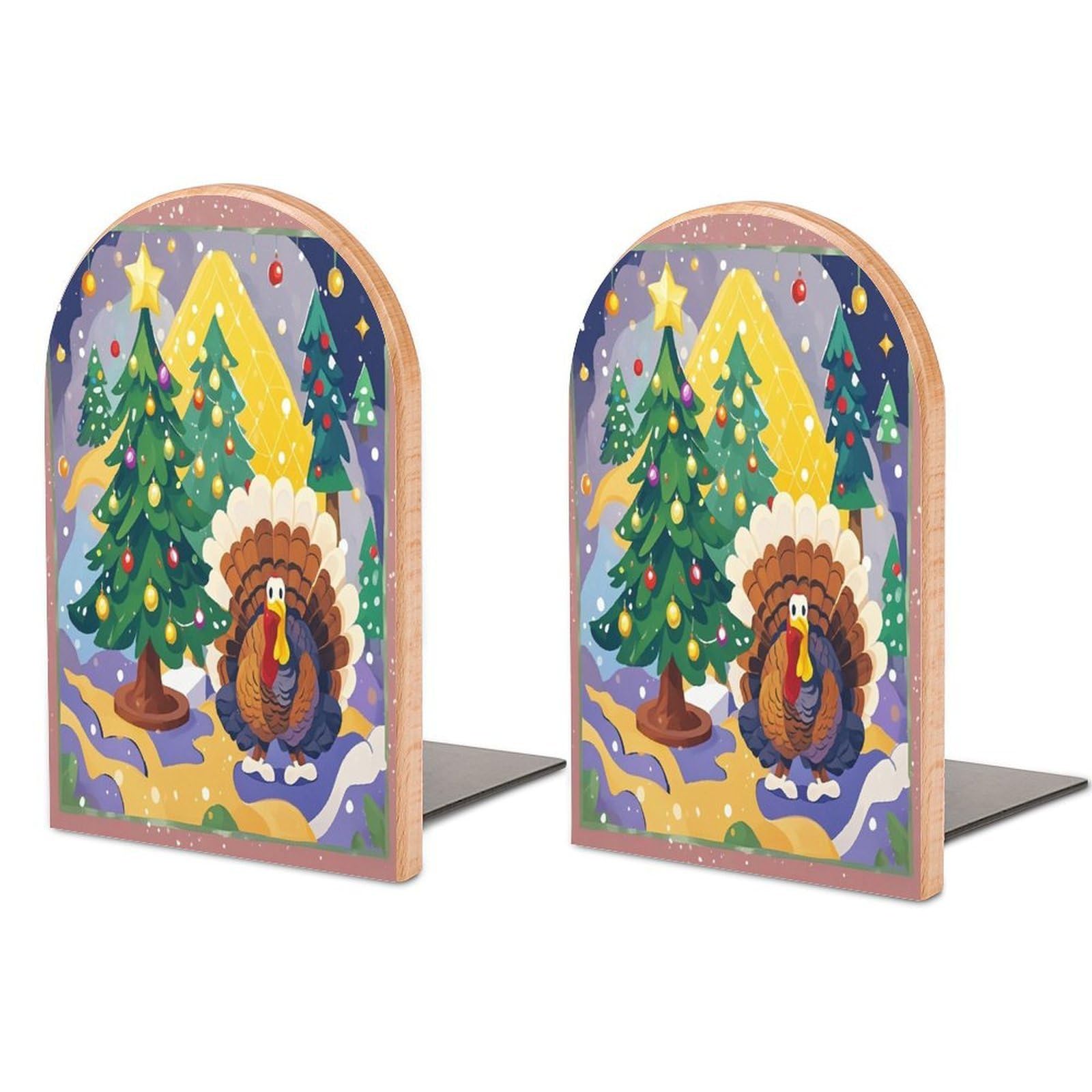 Christmas Turkey Bookends 1 Pair Heavy Duty Book Ends for Shelves Non-Skid Bookend Supports Wooden Book Holders with Metal Base Desk Organizers Books Storage to Hold Books