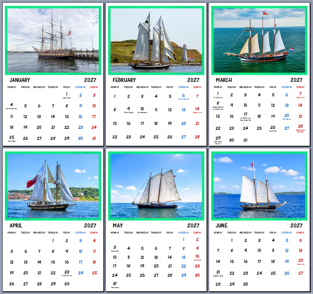 Sailing Ships 2027 Wall Hanging Art Calendar A4 Size