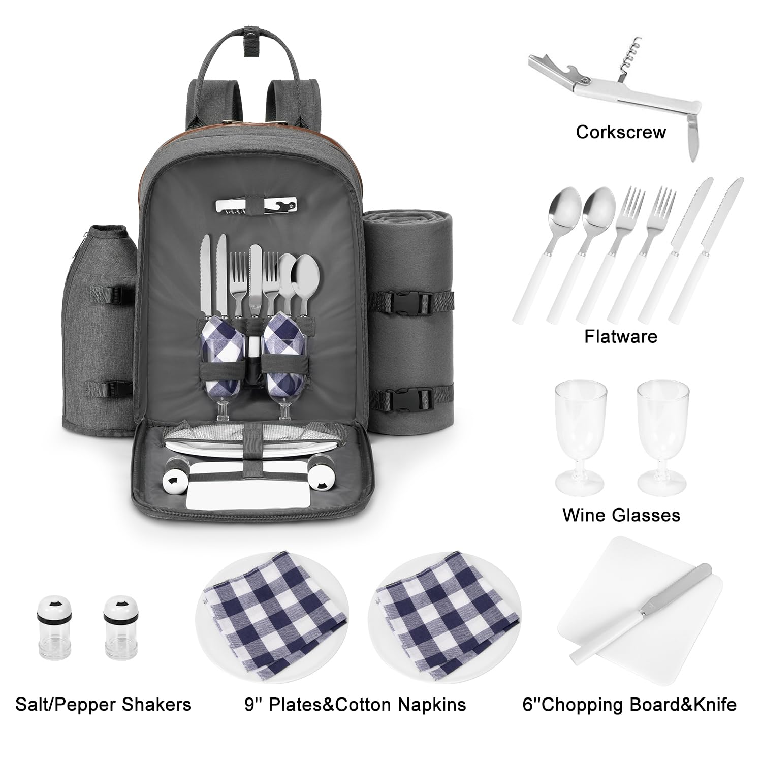 Apollo Walker Zaino da picnic per 2 persone, set e coperta, borsa termica, grigio chiaro