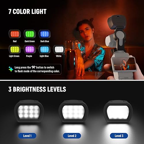 Vista 23 de NEEWER Basics - Paquete de 2 luces auxiliares magnéticas compatibles con DJI OSMO Pocket 3 Gimbal Camera Creator Combo, USB C recargable, mini luz