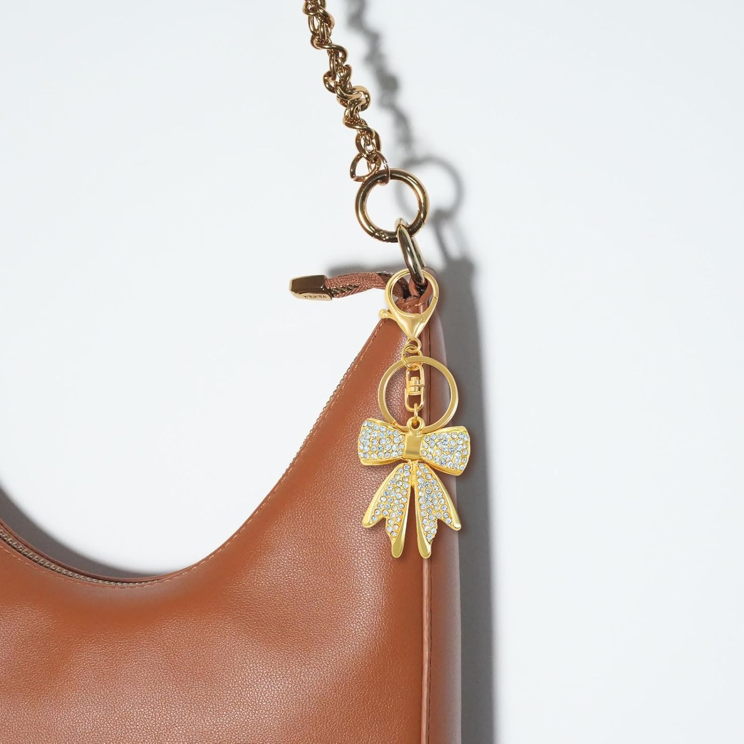 Bow Keychain for Purse Backpack Charms for Handbags Pink Bow Cute Keychain for Women Rhinestone Gold Purse Charms - Image 2