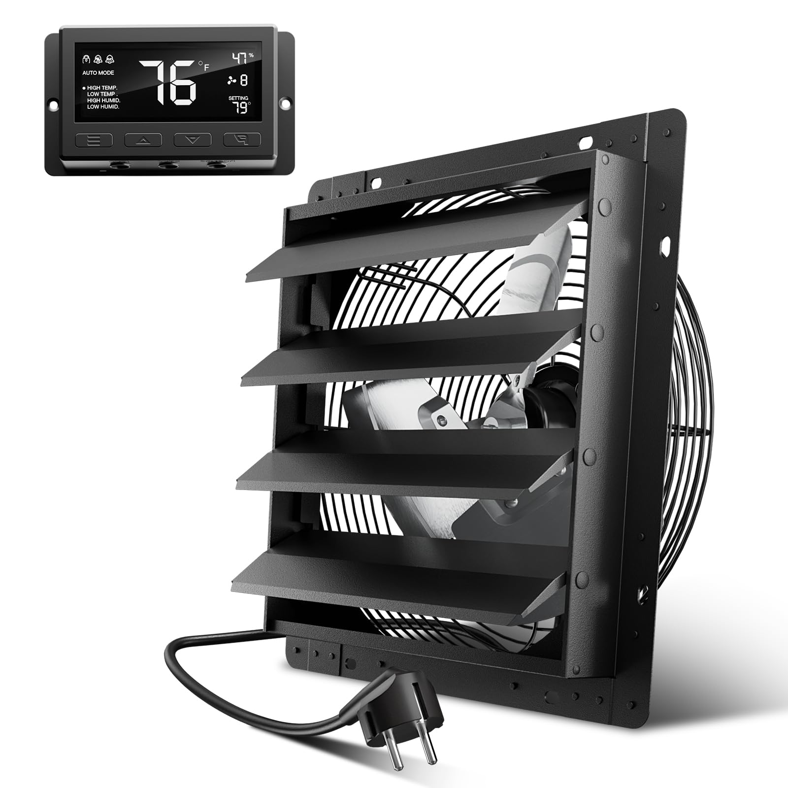 Hon&Guan Industrielle Abluftventilator 350mm EC-Motor Super Luftmenge 2200m³/h Wandventilator mit Teuchtigkeitssensor Temperatursensor Ganzmetallgehäuse Fensterläden Wandlüfter für Keller Garage Attic