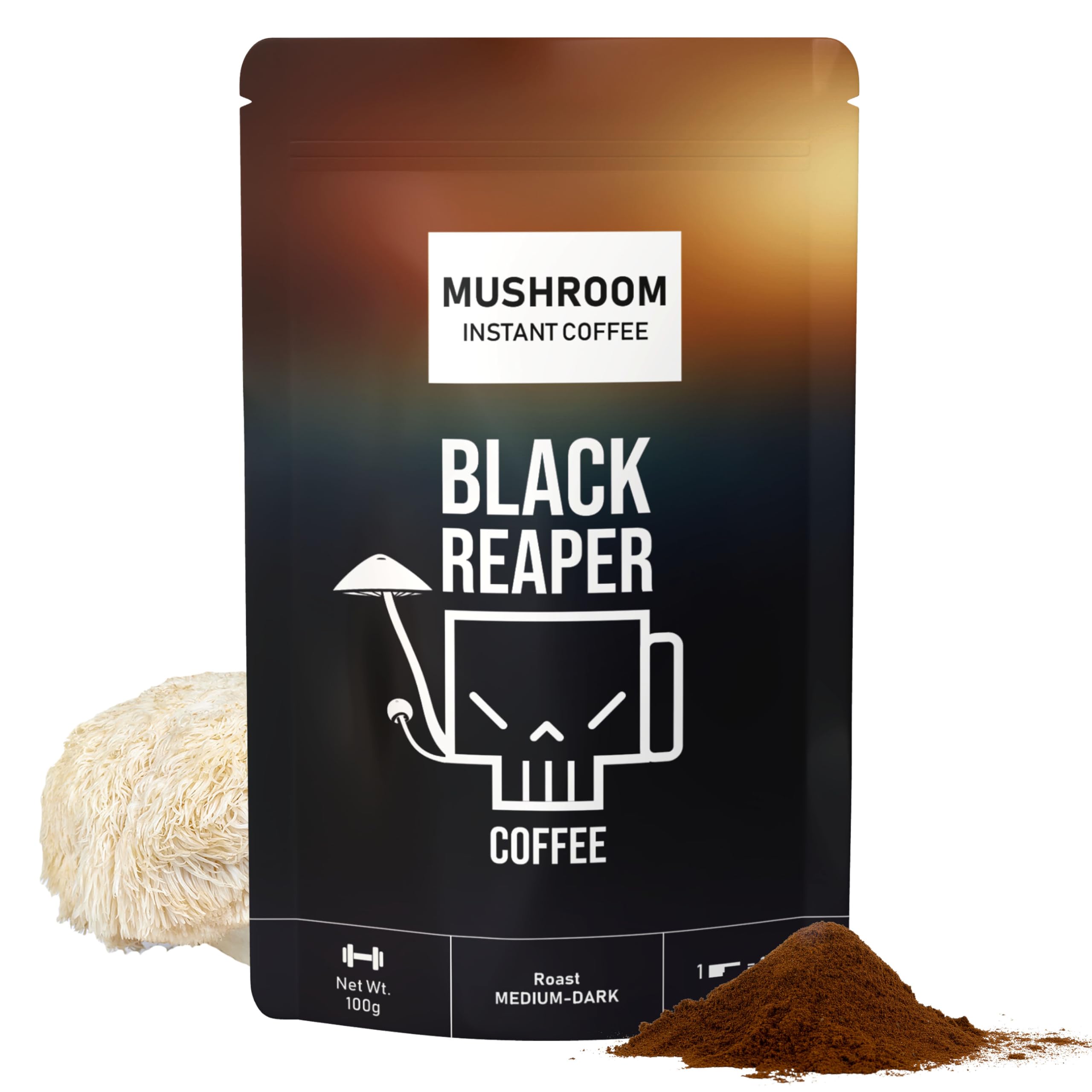 Black Reaper Premium Instant Coffee with Lion's Mane Mushroom Extract - 100g | Rich Aroma, Enhanced Clarity & Focus