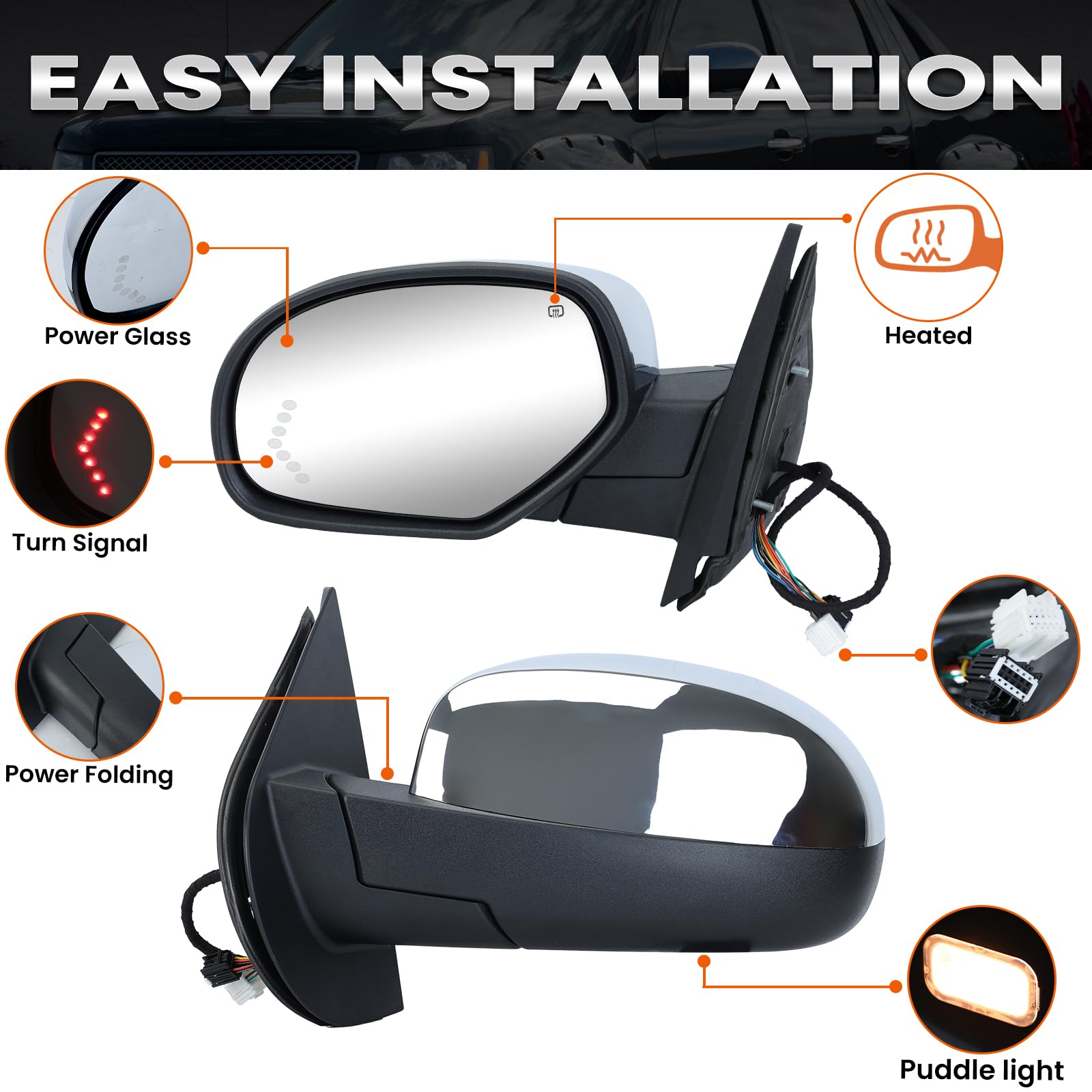 Leader Power Fold Heated Side Mirrors With Puddle Light & Arrow Signal – Fits 2007-2014 Chevy & GMC Trucks (Pair, ABS, Direct Fit)