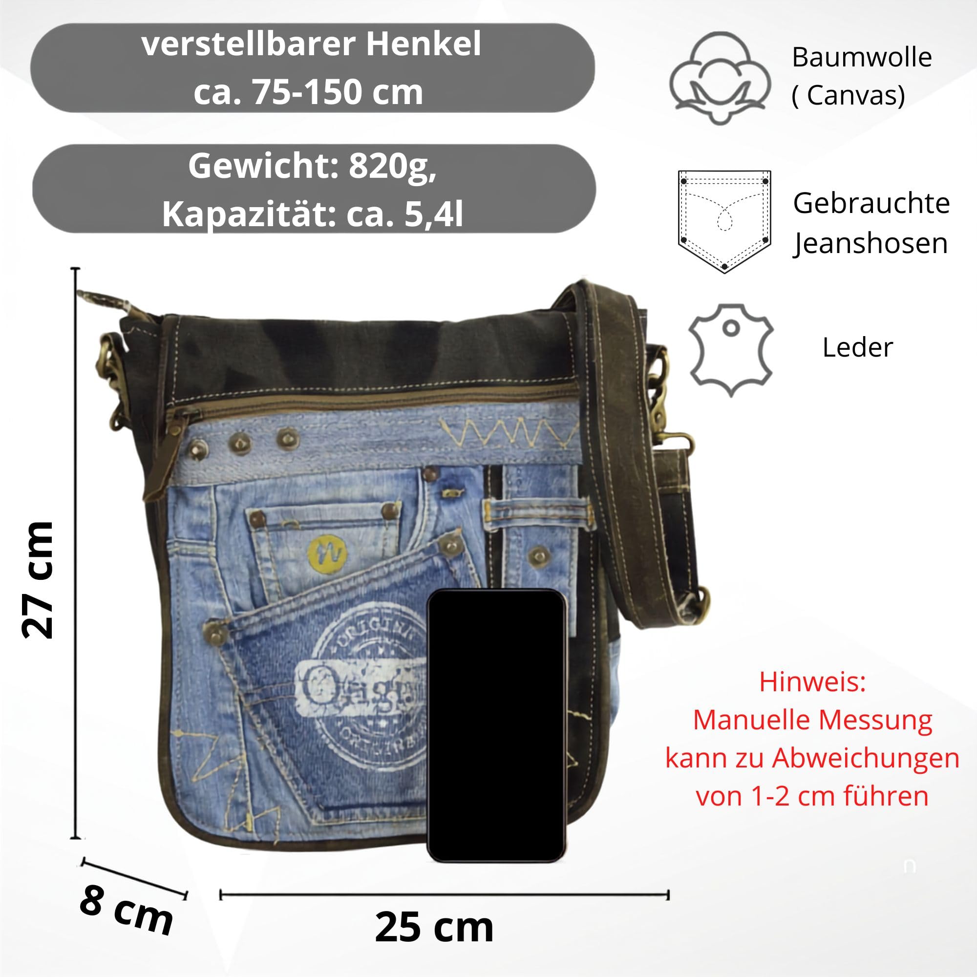 Sunsa Messenger Tasche Umhängetasche aus recycelte Jeans & Canvas Unisex