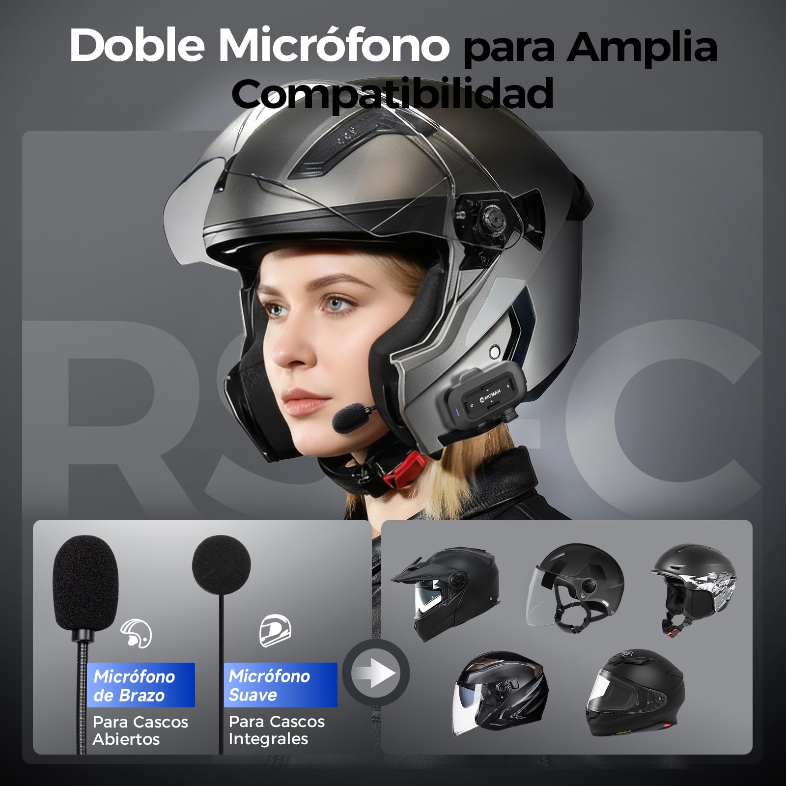 Moman RSC Auriculares Casco Moto, Manos Libres Moto Asistente de Voz Auriculares Inalámbricos HiFi Estéreo Micrófonos Duales Reducción de Ruido 1000mAh/IPX6 Impermeable/Botón Apto para Guantes
