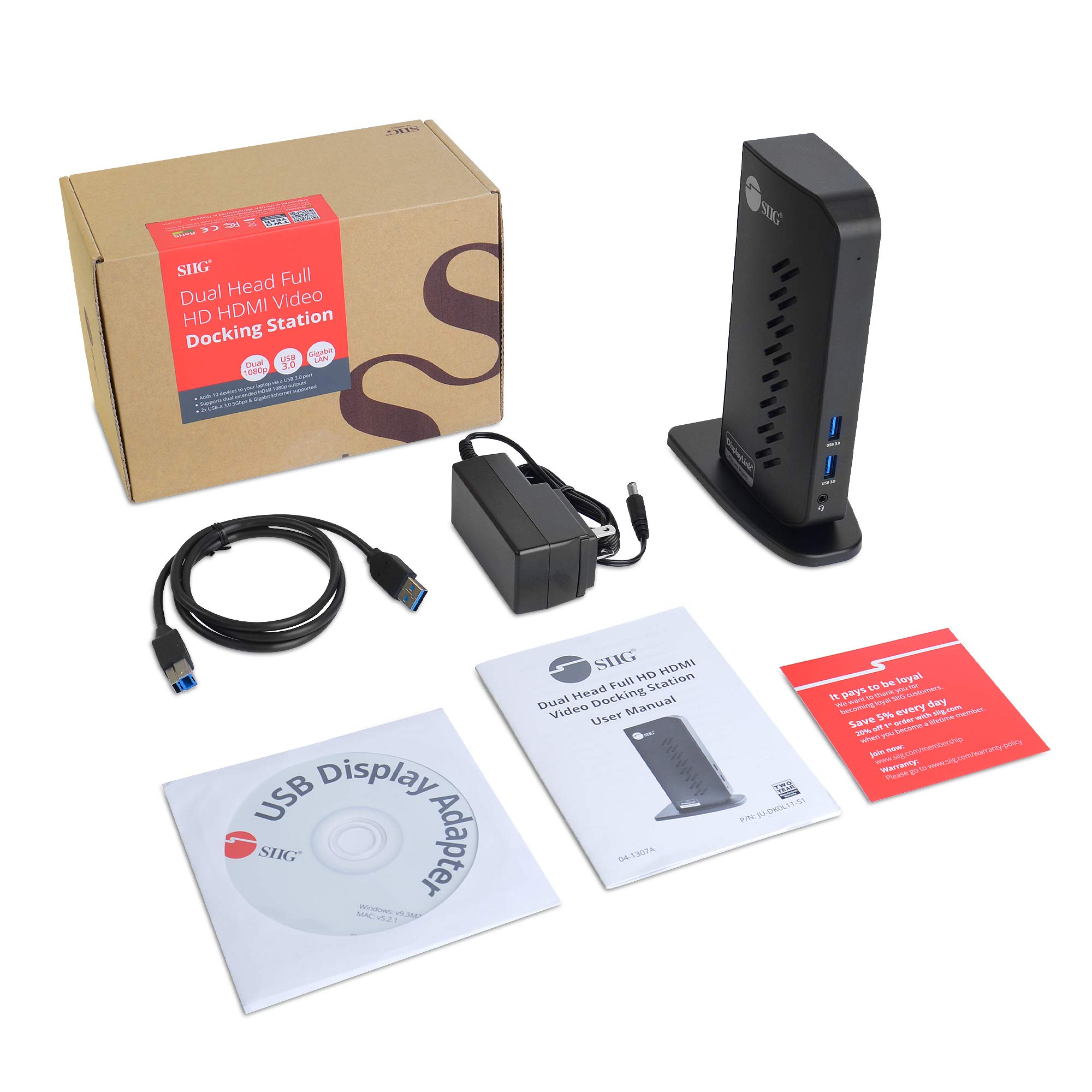 SIIG Estación de acoplamiento de video HDMI de doble cabezal 1080p, portátil USB 3.0, dos pantallas de 1080p, 2 puertos USB 3.0, 4 puertos USB 2.0, Gigabit Ethernet, auriculares de 3.5 mm, para