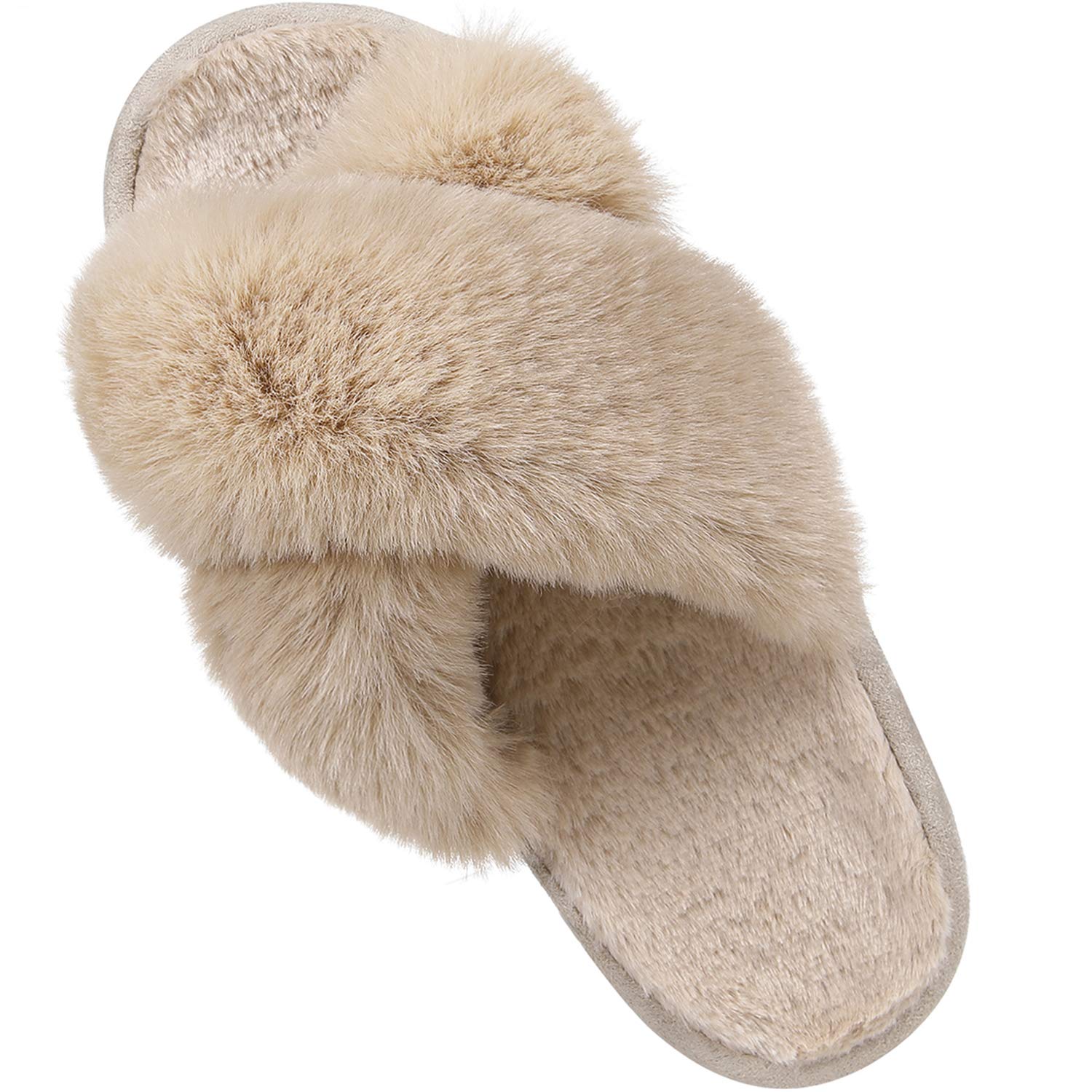 Women's Soft Plush Lightweight House Slippers Fuzzy Cross Band Slip on Open Toe Cozy Indoor Outdoor Slippers