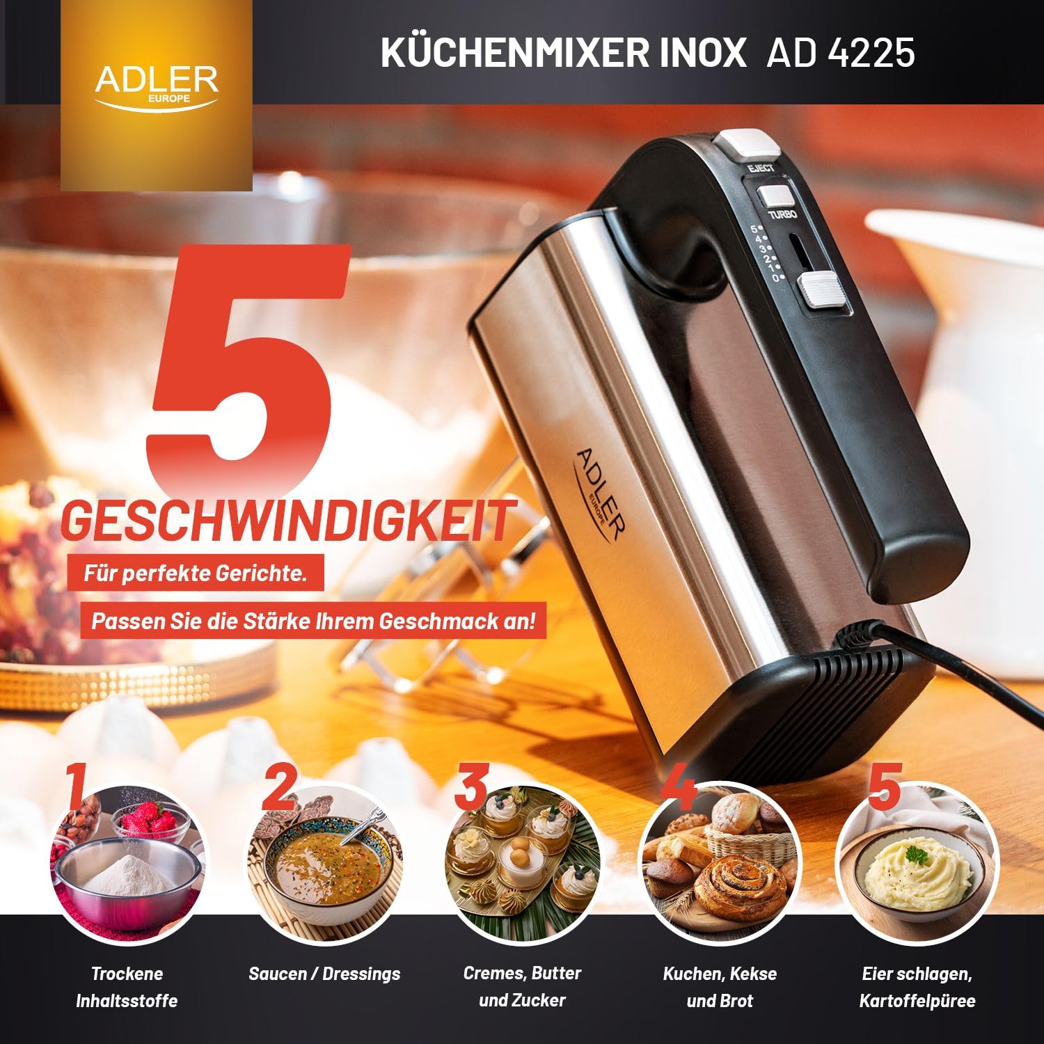 Mixer Manuale Mescolatore In Acciaio Inox 5 Velocità 800W Adler AD 4225