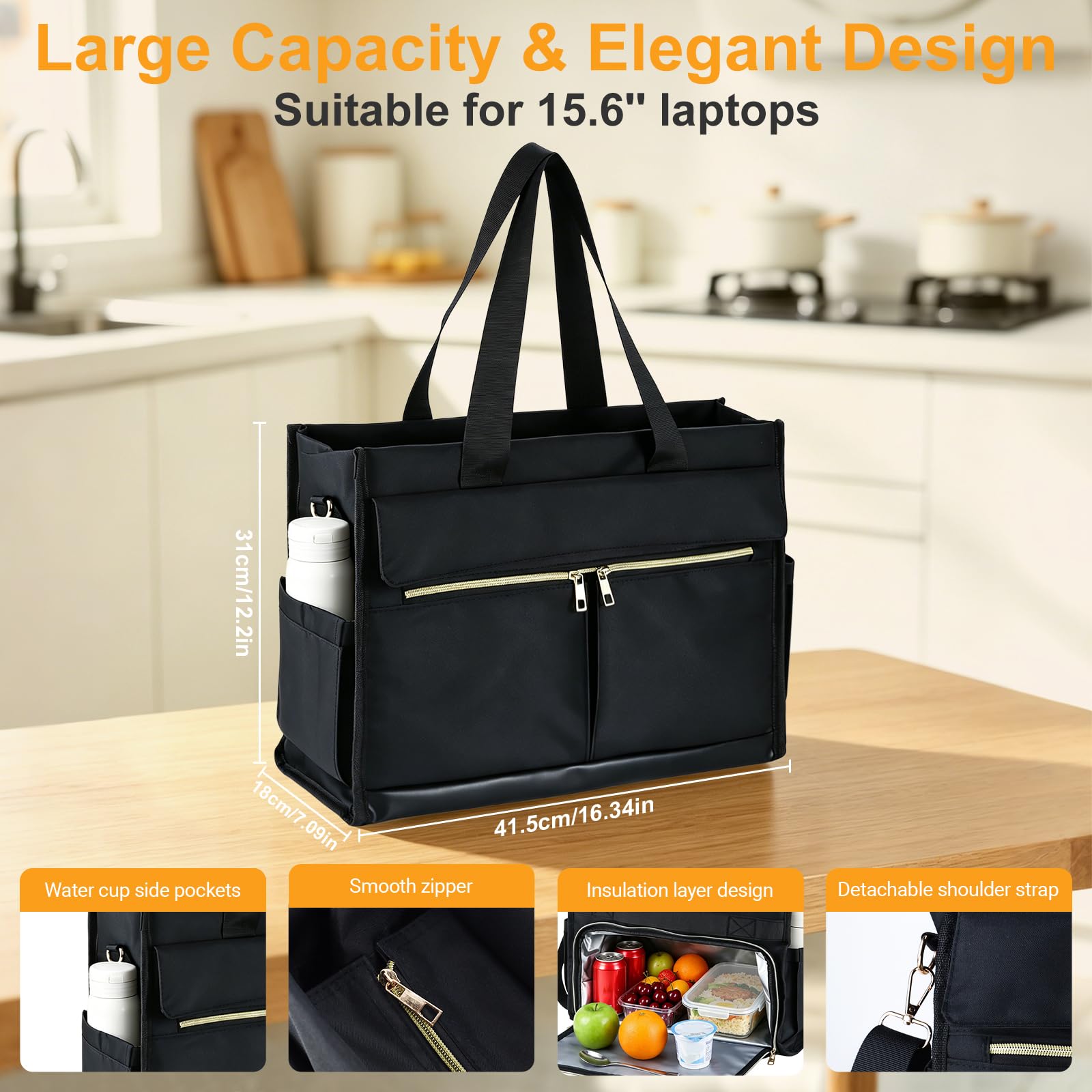 2 en 1 Bolso de Mano para Ordenador portátil de 15,6 pulgadas | Bolsa de Almuerzo para Mujer,Bolso de Trabajo Elegante con compartimento aislado para el Trabajo,la Universidad,la Oficina