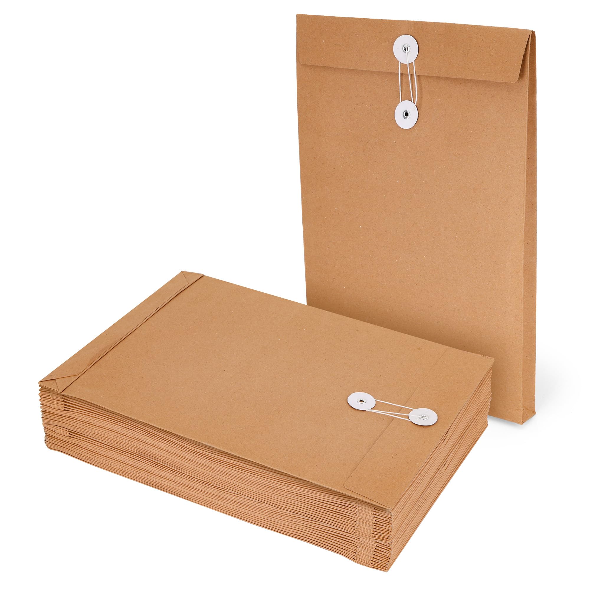 WENLISELL 25 Pack Expandable Gussetted Envelopes with String Closure, 34x24x3cm Kraft Paper String Envelopes, 250gsm Manila Envelope for Office, Business, Personal
