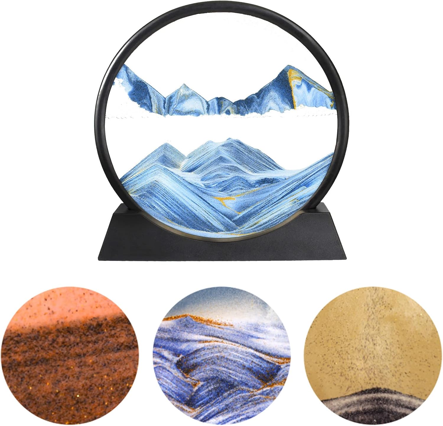 Moving Sand Art Picture Decor, Round 3D Dynamic Sandscape Ornaments Flowing Sand Panel, Deep Sea Hourglass Timer Relaxing Desktop Home Office Decoration Kids Gift (Blue)