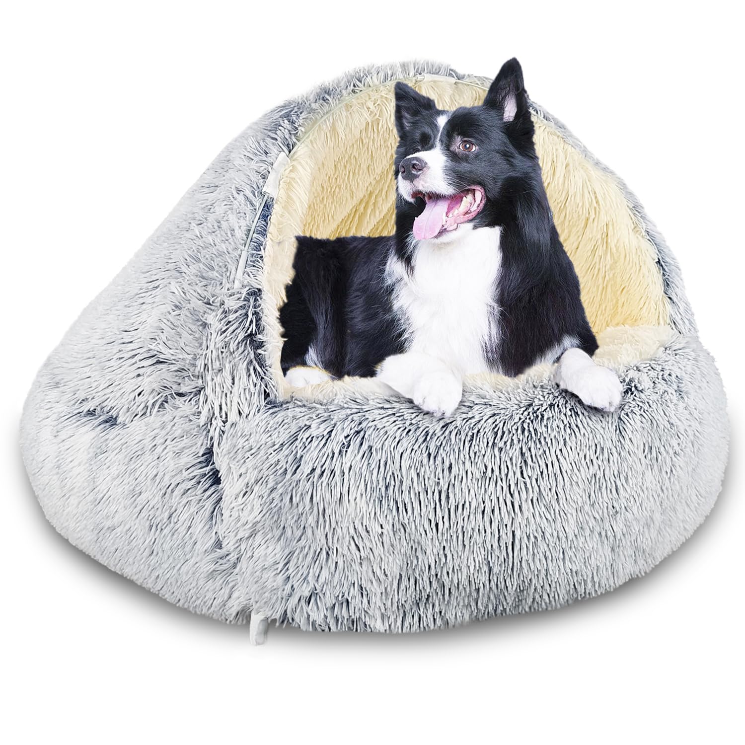 SUOXU Hooded with Supports Dog Bed,Deluxe Plush Dog Cave Bed for Medium Small Dogs Warming Cozy Soft Faux Fur Donut Calming Anti-Anxiety Pet Bed,Removable Washable Cover and Anti Slip (Grey)