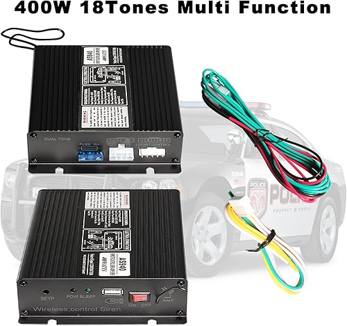 Miniatura 2 de Sirena de policía de doble altavoz de 400 W, sistema de sirena de vehículo de emergencia de 12 V, 18 tonos, 130 db, dos sirenas de policía ultra