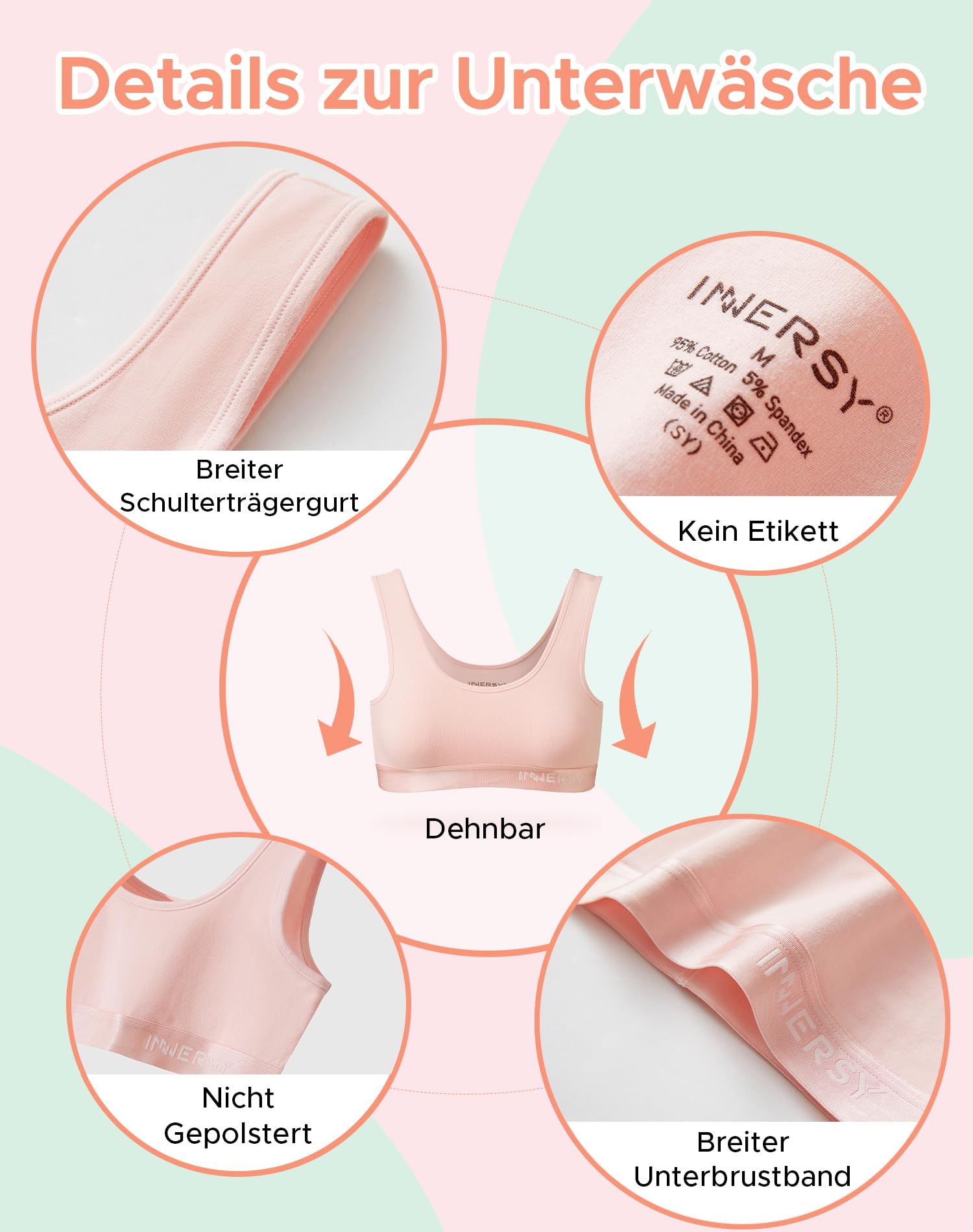 INNERSY Bustier dziewczęcy biustonosz sportowy bez fiszbin, dla dzieci do nastolatków 6-16 lat, 3 sztuki
