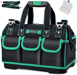 AIRAJ Tool Bag 18 Inch,Wide Mouth Tool Bags for Men Heavy Duty With Waterproof Molded Base,Tools Organizer for Home Repairs,Garage Storage,Professional Work,Adjustable Shoulder Strap,Green