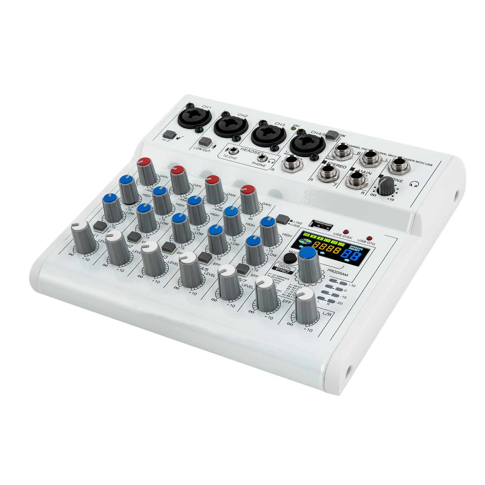 7 Kanal Stereo Live Mischpulte mit 88 digitale Effektprozessor, Professioneller Audio Sound Mixer mit Bluetooth und USB Schnittstelle, 48V Phantomspeisung DJ Stereo Sound Mischpult mit Farbdisplay