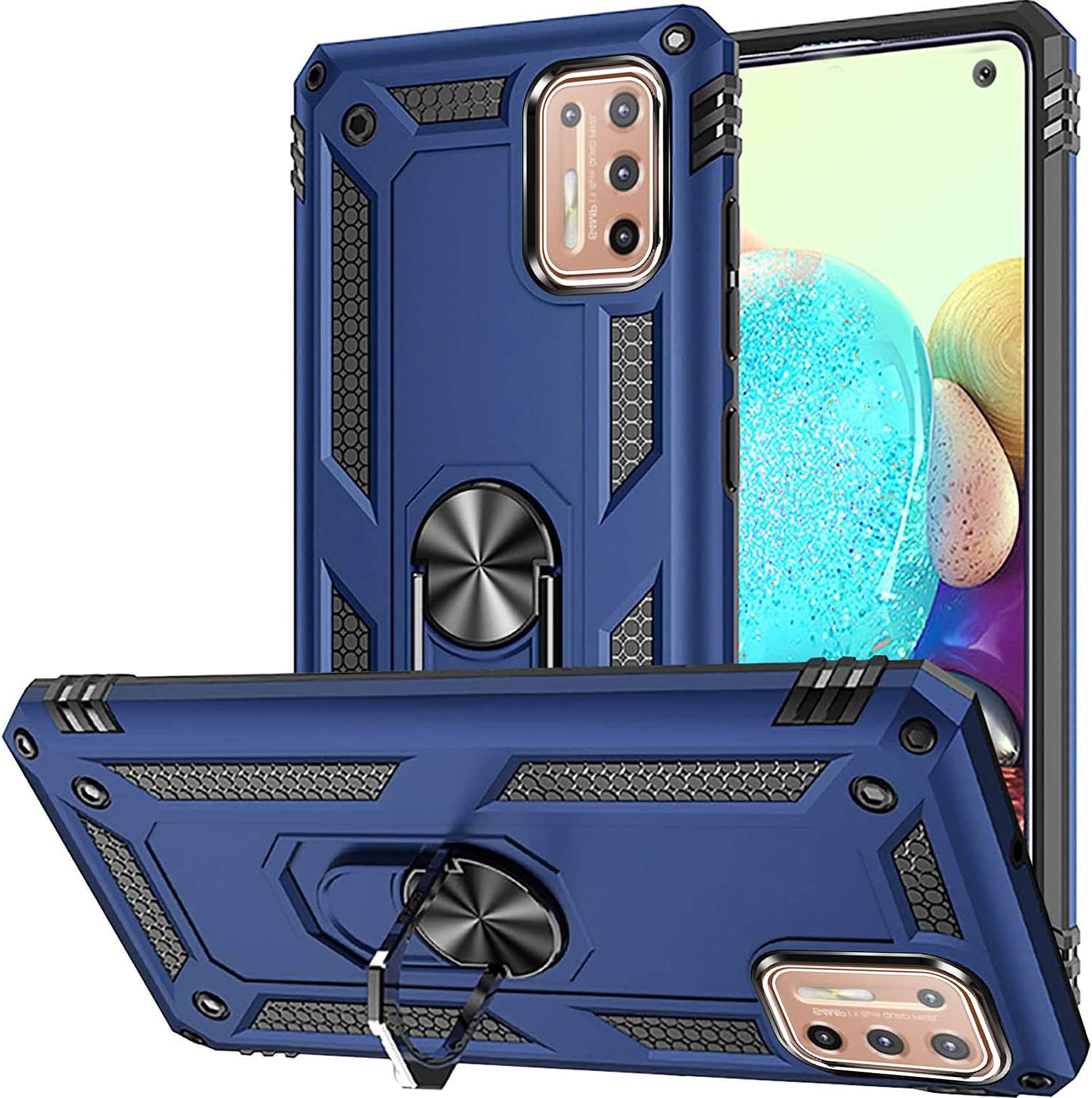 2ndSpring Case for MOTO G9 PLUS with Tempered Glass Screen Protector,Ring Holder Protective Silicone Shockproof Tough Armor Hard Phone Cover,Blue