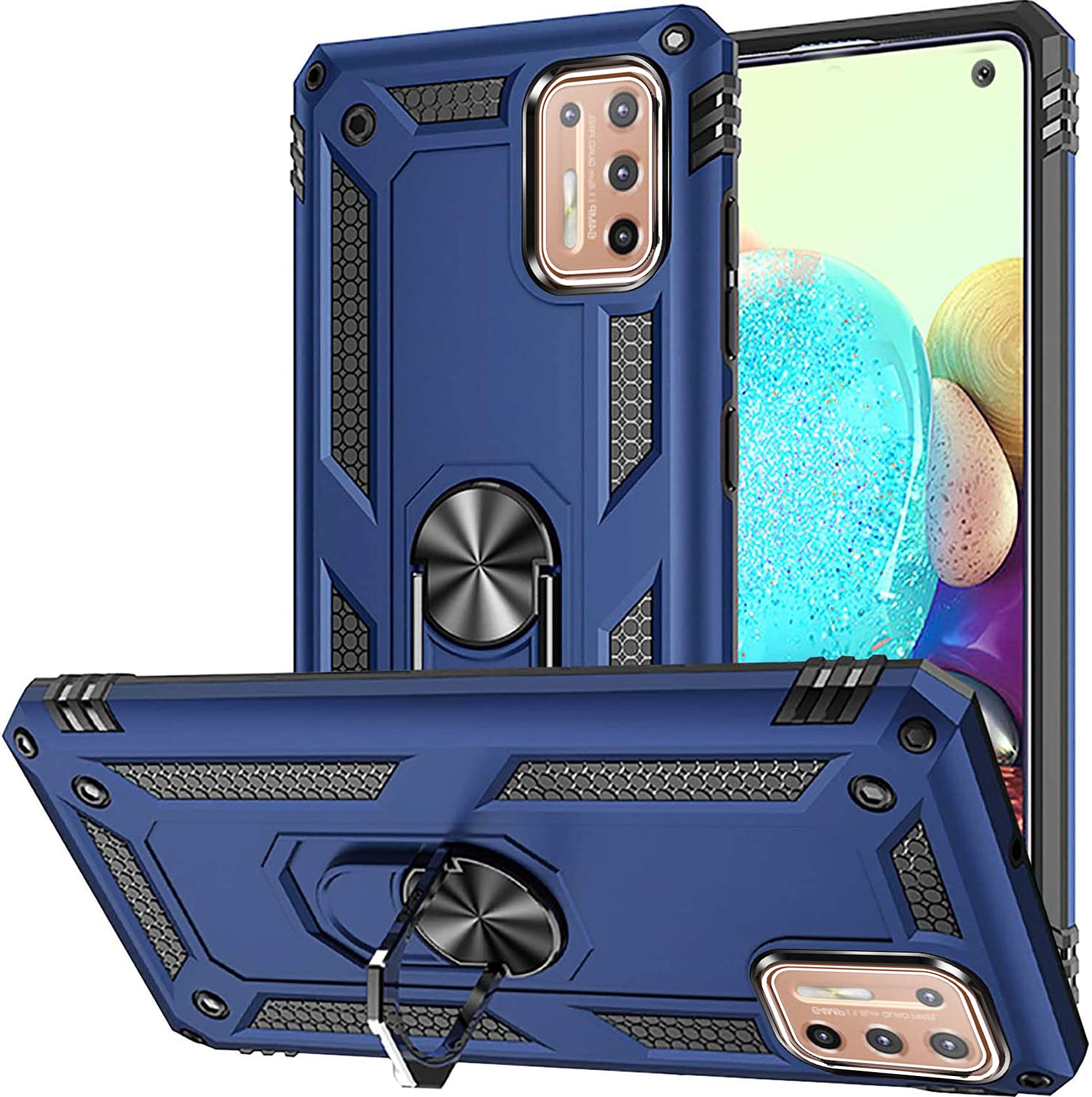 2ndSpring Case for MOTO G9 PLUS with Tempered Glass Screen Protector,Ring Holder Protective Silicone Shockproof Tough Armor Hard Phone Cover,Blue