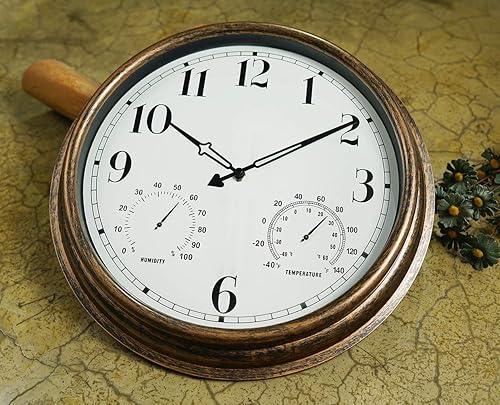 Miniatura 7 de Reloj de pared grande para interiores y exteriores de 16 pulgadas, reloj impermeable sin tictac con termómetro e higrómetro, reloj decorativo de