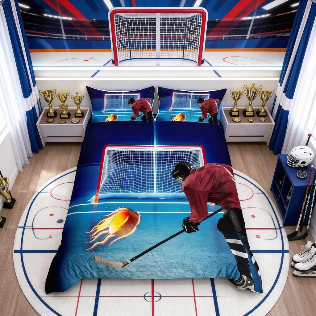 Ice Hockey Duvet Cover Sports Theme Bedding Set for Kids Boys Men 3D Ball Pattern Comforter Cover Chic Ice Hockey Game Blue Luxury Decor Bedspread Cover with 2 Pillowcases 3Pcs Bedding Double โ image 1