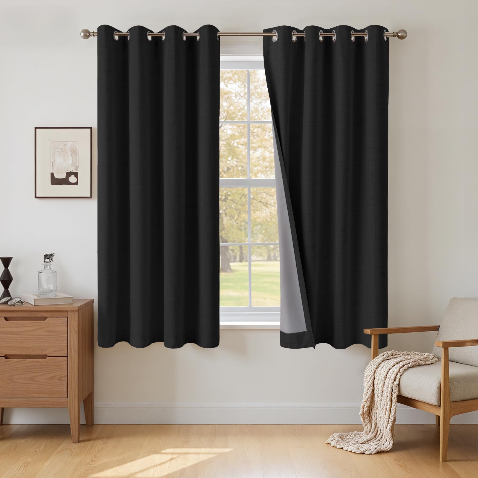 INOVADAY 100% Blackout Curtains 54 Inch Drop 2 Panels, Thermal Insulated Eyelet Curtains with Coating Back Layer for Bedroom & Living Room, 46" W x 54" L, Black