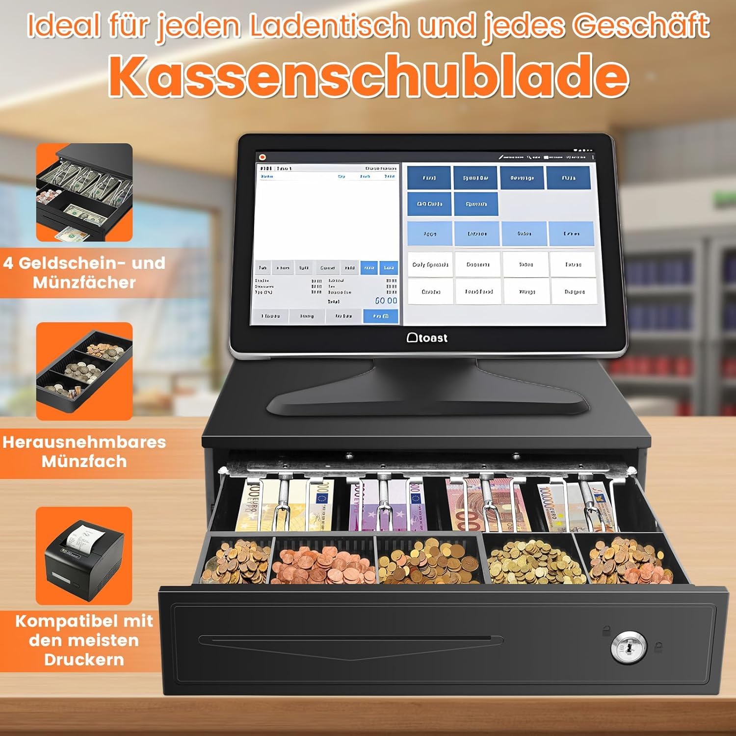 Tiskgg Kassenschublade 37 x 34 x 8 cm, Kasse mit 4 Geldschein- & 5 Münzfächern, Kassenlade Manuell/Elektrisch, mit Schlüssel & RJ11/RJ12 Anschluss für POS System