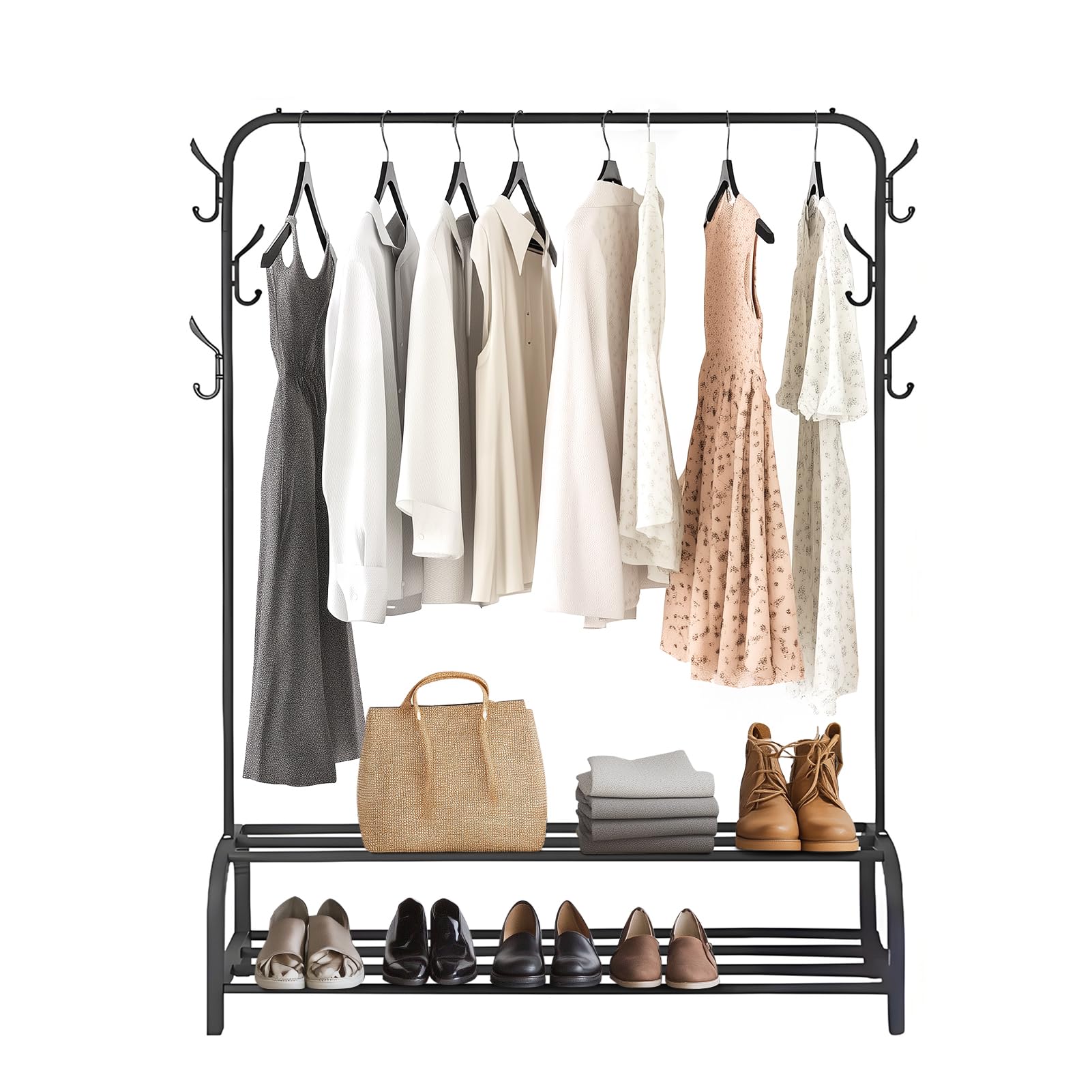 Holdfiturn Clothes Rail for Bedroom Hanging Rail for Clothes Metal Garment Rack 110x33x150cm Clothing Rail Coat Rail with 2-tier Bottom Shelves and 6 Side Hooks Shoe Storage Rack Clothes (Black)