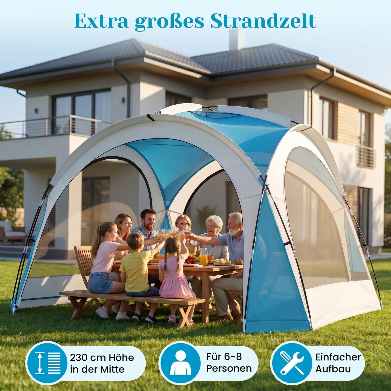 COSTWAY Namiot plażowy 344 x 344 cm, namiot ogrodowy dla 6-8 osób, z 4 bocznymi ścianami z siatki, wentylacją dachu, kieszeniami do przechowywania i torbą do przenoszenia, pawilon ogrodowy na plażę