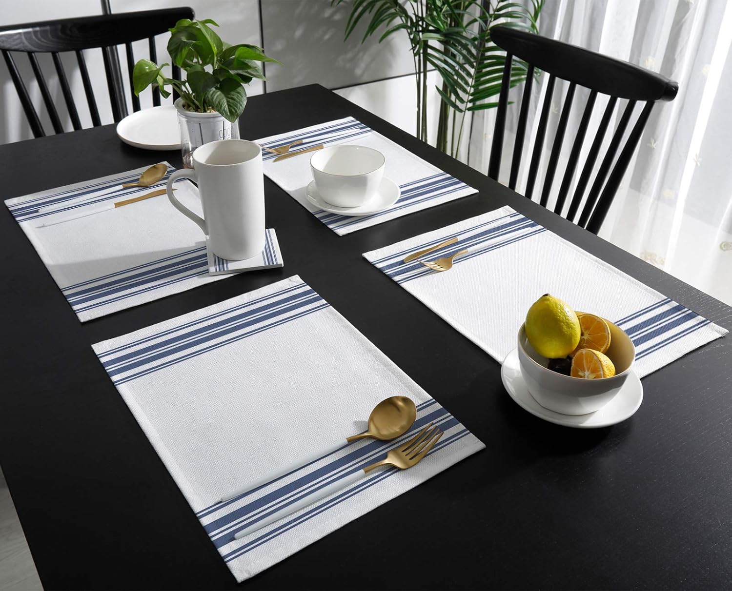 Chic D Blue White Stripes Indoor Placemat Set of 6 Non-Slip Placemats for Kitchen Dining Table Holiday Patio Parties Farmhouse Theme 13"x19" Washable Durable Cotton Linen Table Mats