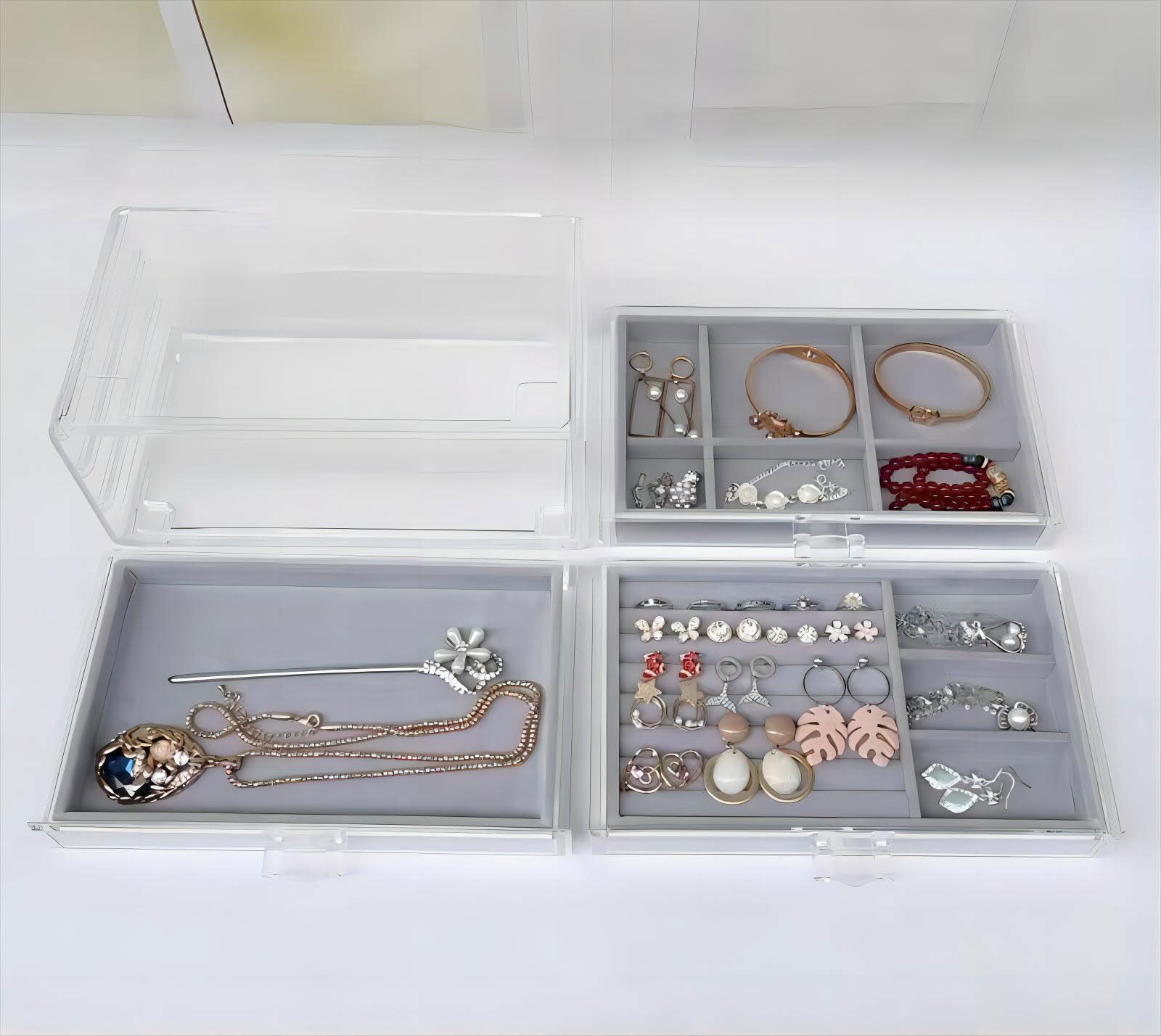 Organizer trasparente per gioielli con 5 cassetti, organizer per orecchini, scatole per gioielli da donna, espositore per orecchini in acrilico per riporre collane, orecchini anelli, grigio
