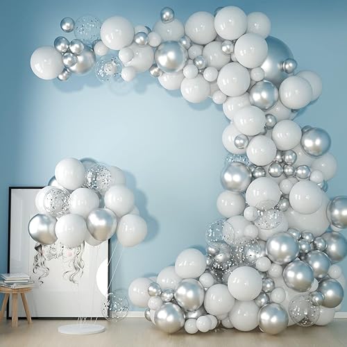 Kit de arco de guirnalda de globos blancos y plateados de 5 pulgadas, 10 pulgadas, 12 pulgadas, confeti metálico blanco y plateado, juego de arco de
