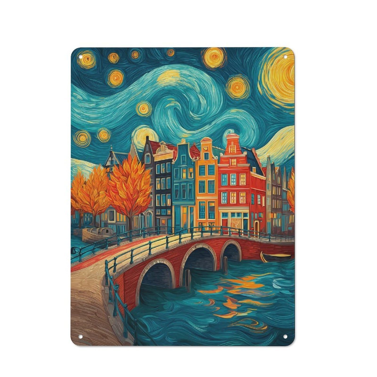 Junmoney Amsterdam Nights A -Inspired Canal Scene Vintage Tin Sign 40X30cm, Rustic Bistro Wall Plaque For Kitchen, Cafe, Pantry Or Dining Room