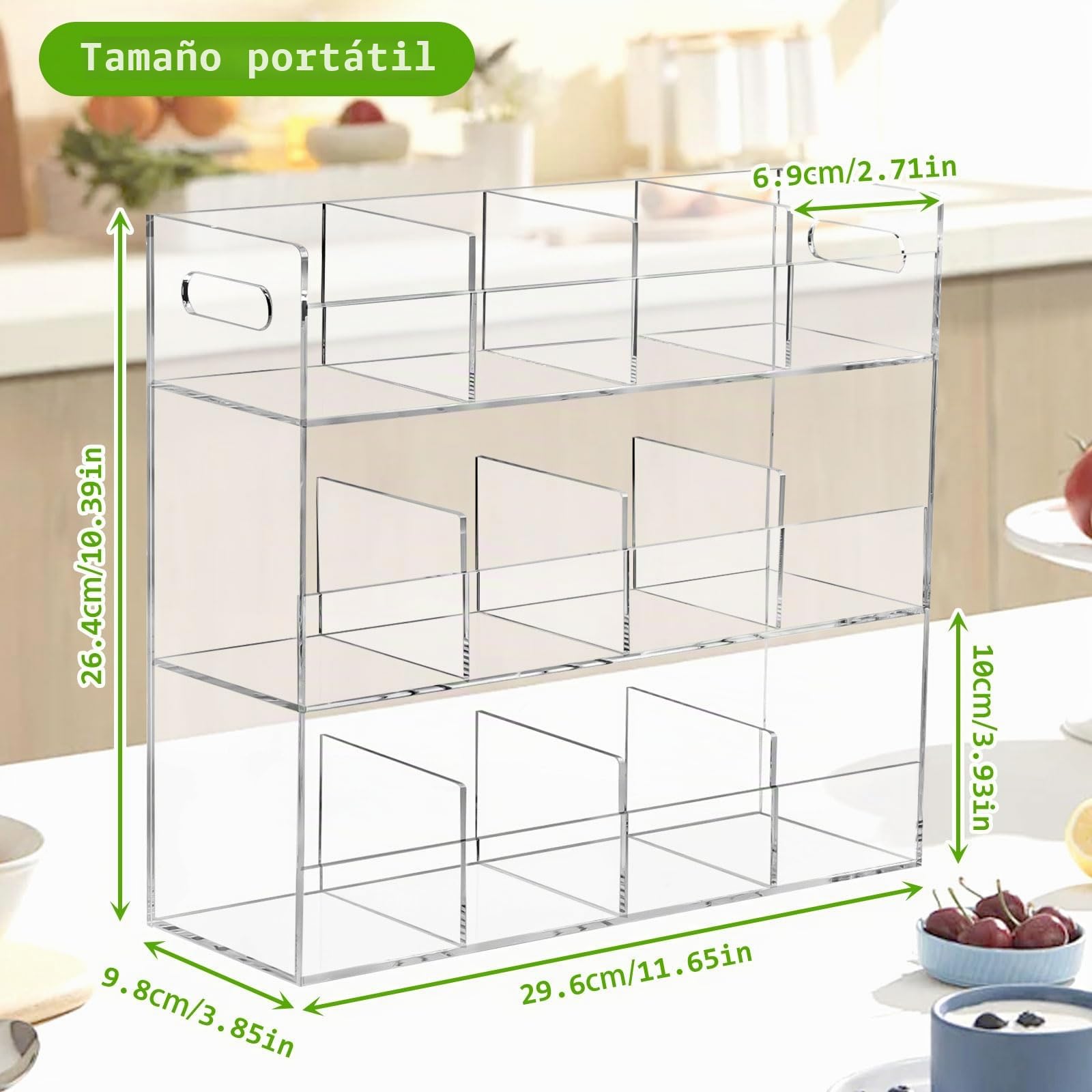 Tefola Organizador de té con asa, 3 niveles y 12 compartimentos, gran almacenamiento de té para 216 bolsas de té, caja de acrílico transparente transparente para té, café y paquetes de azúcar