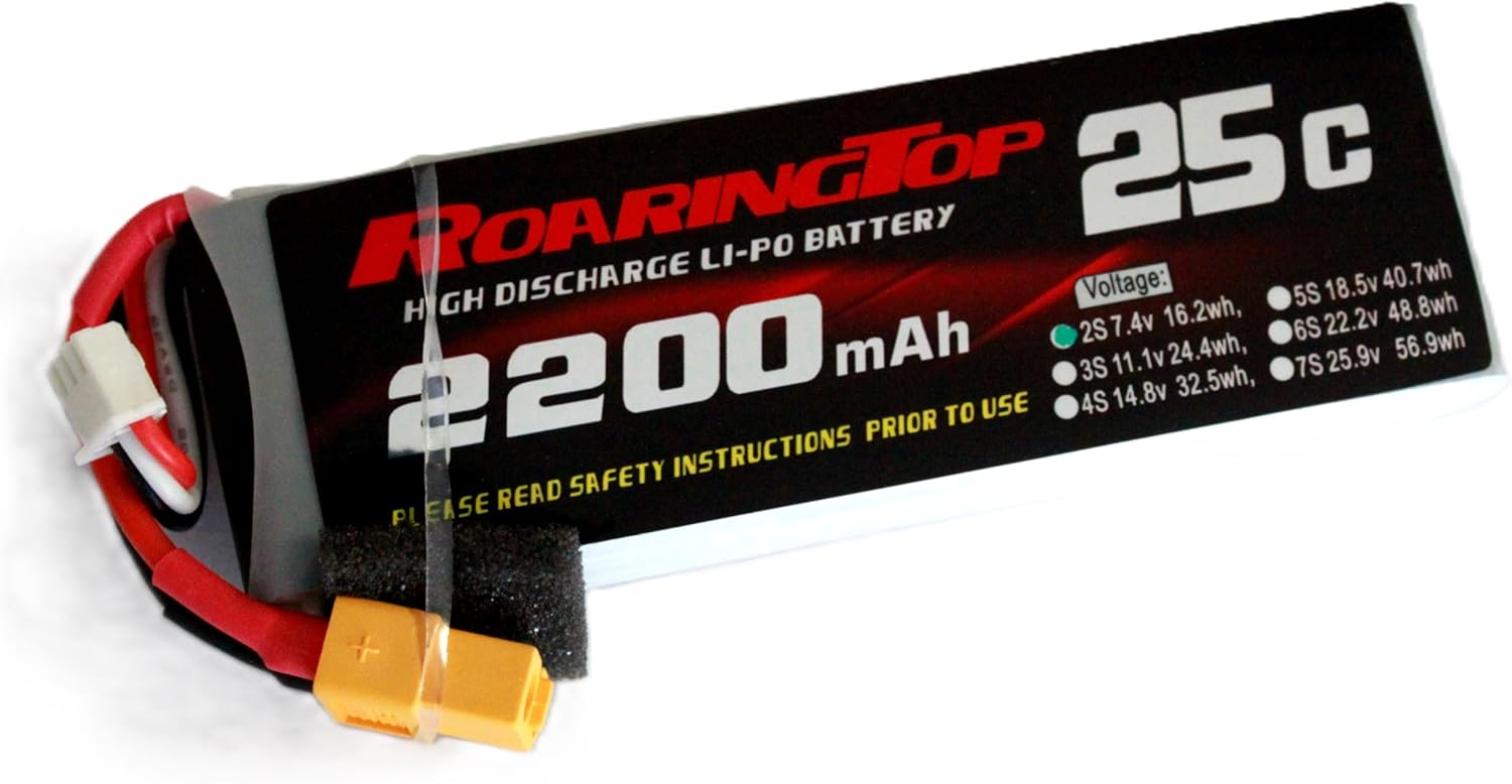 RoaringTop LiPo Battery Pack 25C 2200mAh 2S 7.4V with XT60 Plug for RC Car Boat Truck Heli Airplane