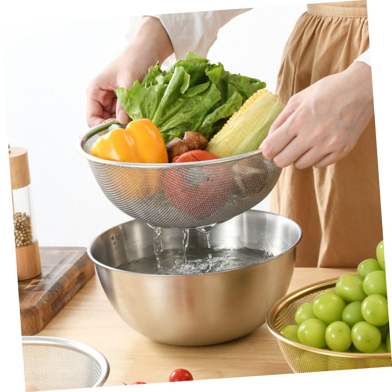 Scolapasta da Lavandino in Acciaio Inossidabile, Rete Inox a Maglia Fine, Set per Frutta, Verdura e Riso, Filtro Acqua