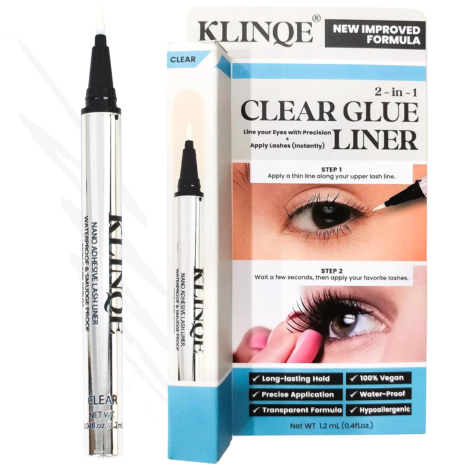 Clear Lash Glue Liner Pen, 2 in 1 Eyeliner Eyelash Adhesive for False Lashes, Strong Hold, Latex-Free, Quick Dry, Invisible Bond, Waterproof, Long-Lasting Glue for Strip Lashes