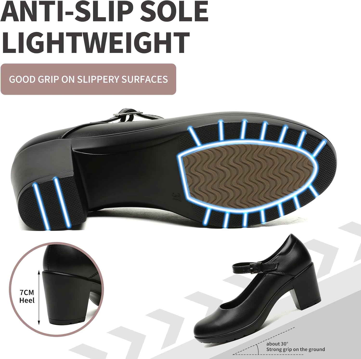 Womens Mary Jane Dress Shoes Chunky Low Block Heels 7CM Closed Toe Work Platform Pumps Dressy Orthopedic for Business Flight Wedding Office Ankle Strap Leather Casual Comfort with Arch Support - Image 6